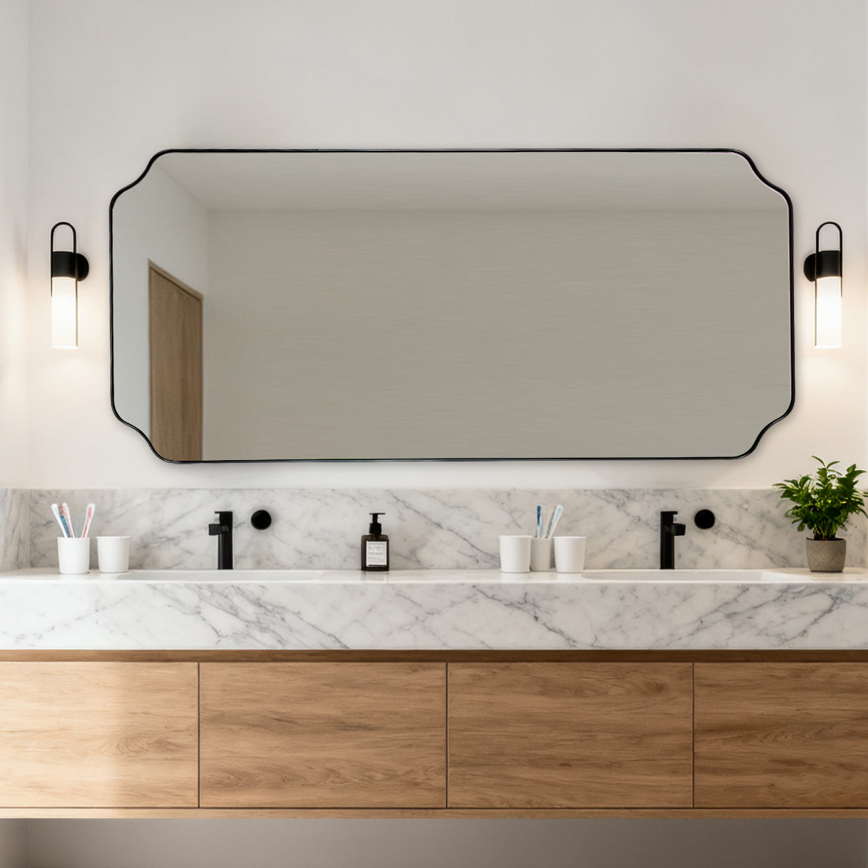Contemporary Notched Corner Rectangle Scalloped Mirror for Wall /Bathroom | Stainless Steel Frame