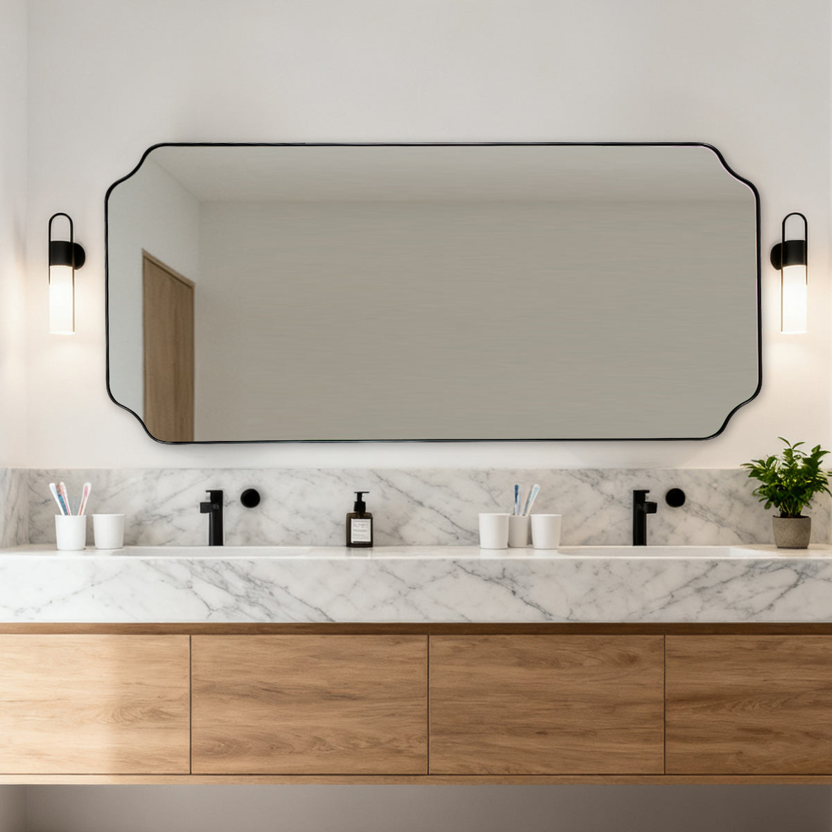 Modern Cut Corner Rectangle Scalloped Mirror for Wall /Bathroom | Stainless Steel Frame