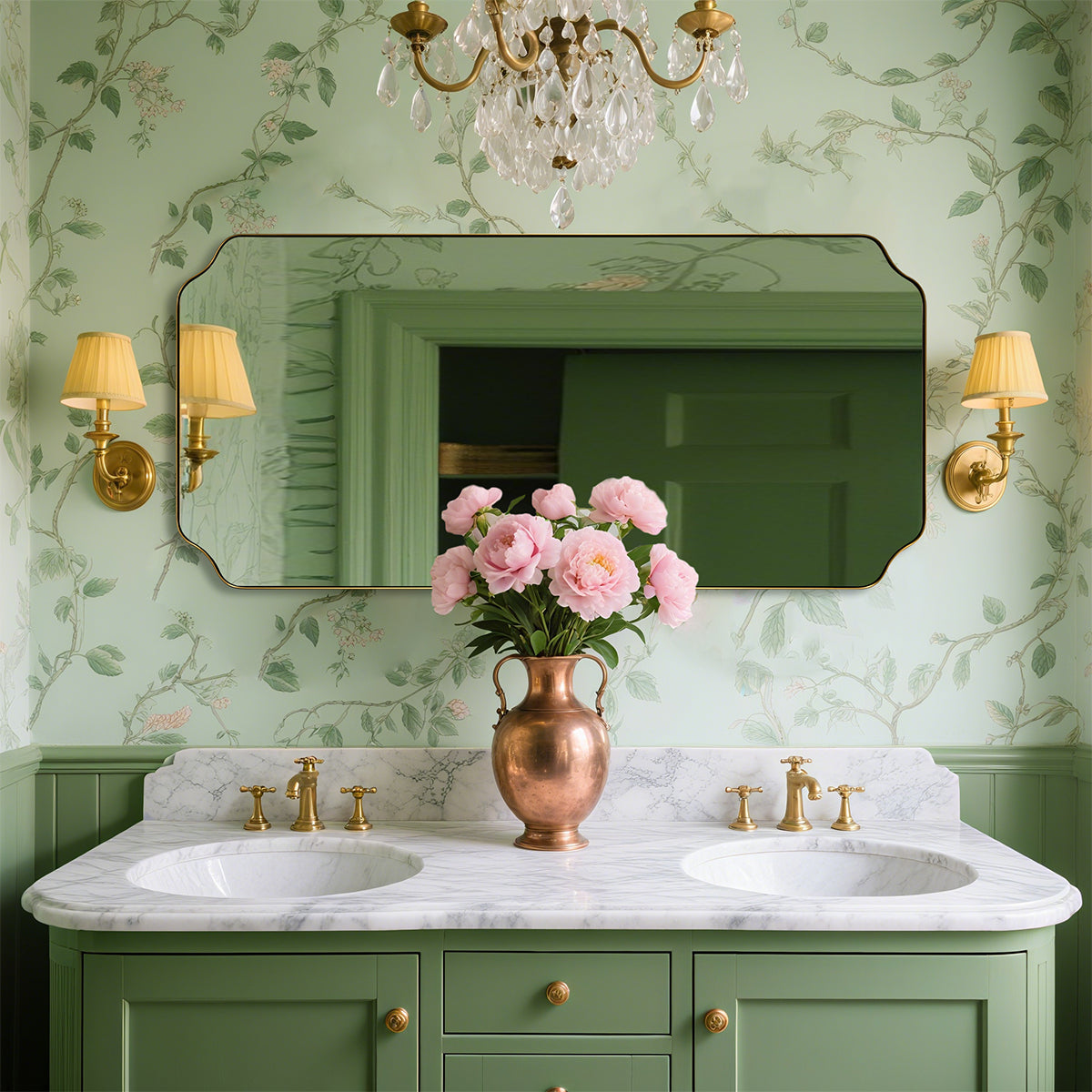 Contemporary Notched Corner Rectangle Scalloped Mirror for Wall /Bathroom | Stainless Steel Frame