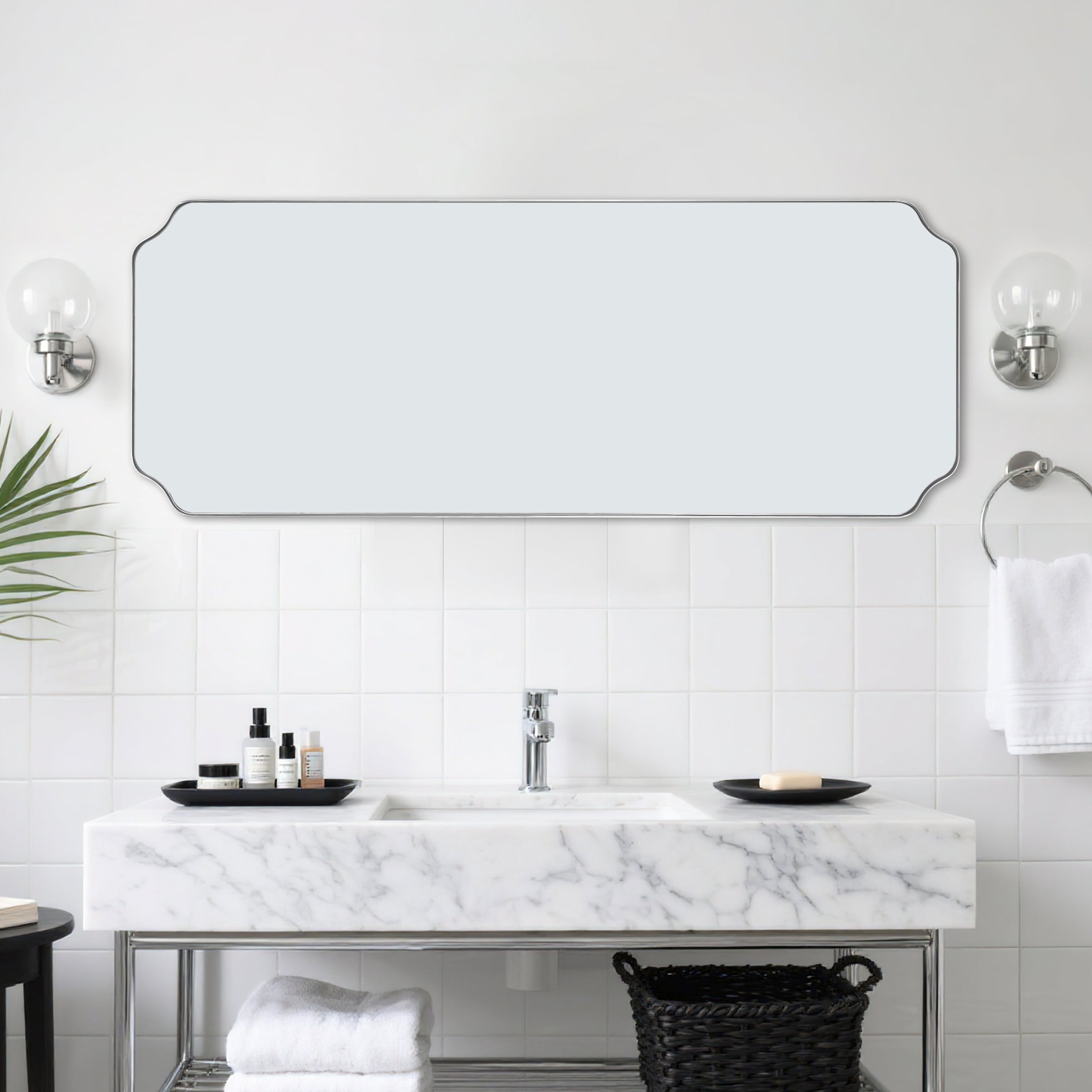 Contemporary Notched Corner Rectangle Scalloped Mirror for Wall /Bathroom | Stainless Steel Frame