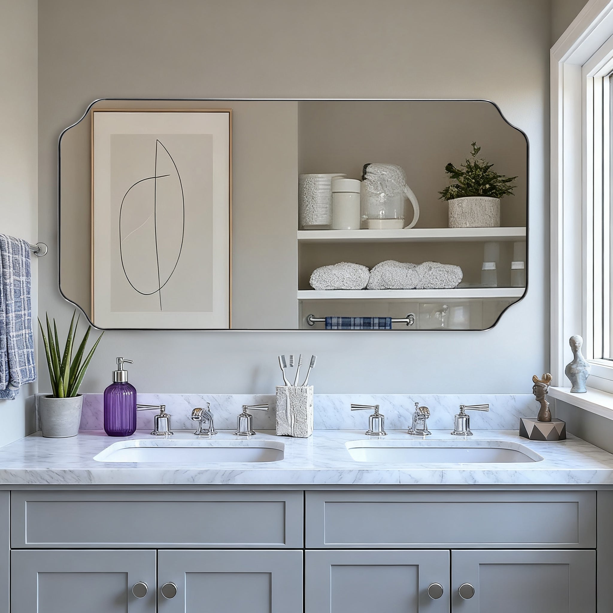 Contemporary Notched Corner Rectangle Scalloped Mirror for Wall /Bathroom | Stainless Steel Frame