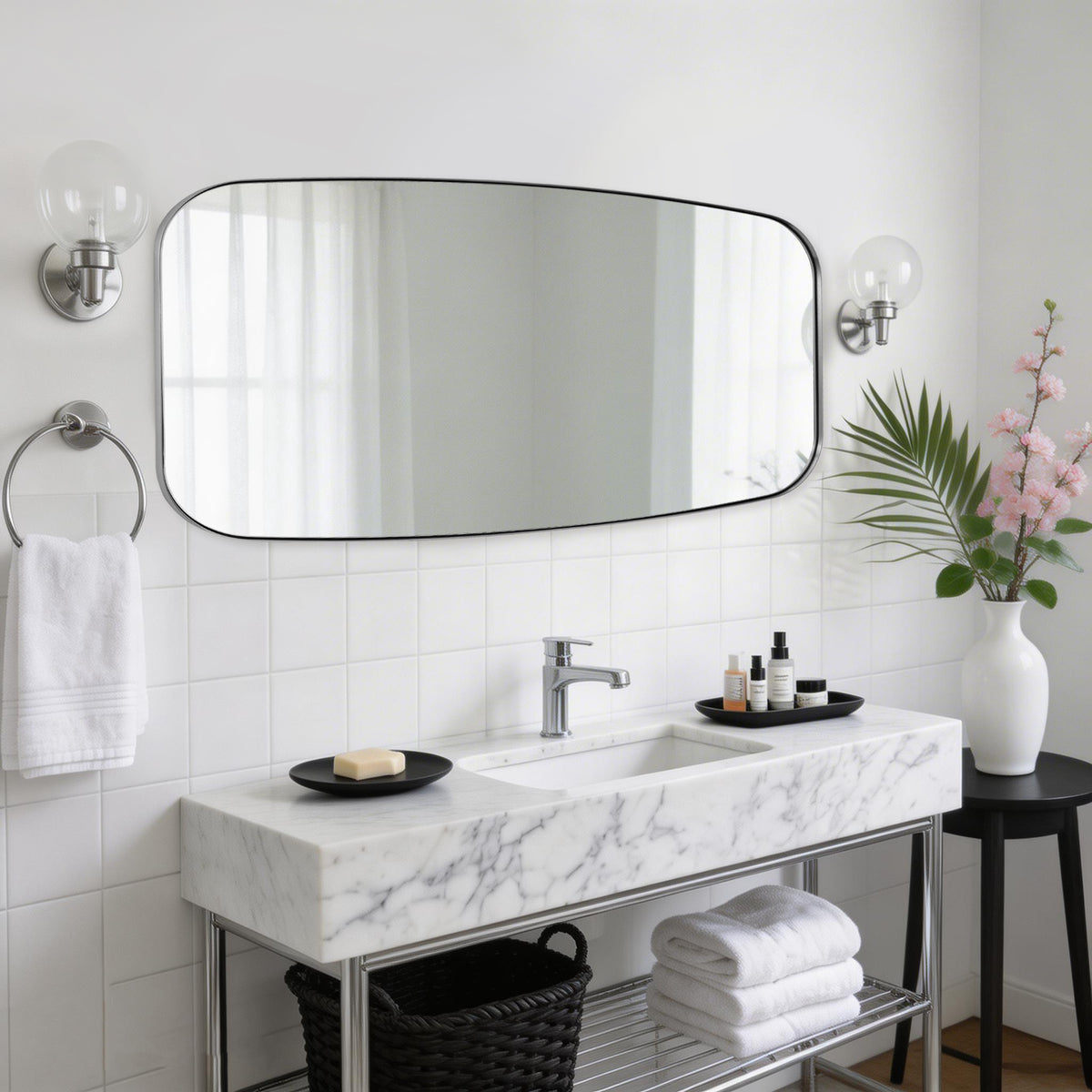 Modern Oval Oblong Bathroom Vanity Mirror | Stainless Steel Frame