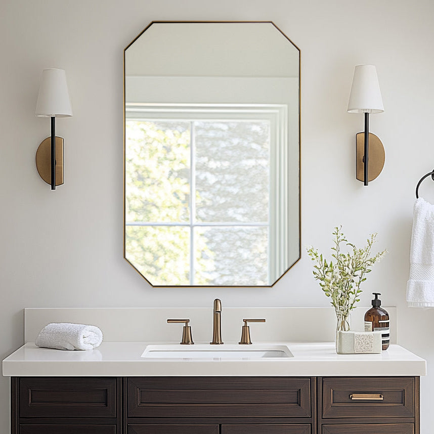 Contemporary Cut Corner Octagonal Scalloped Rectangle Mirror for Bathroom  |Stainless Steel Frame