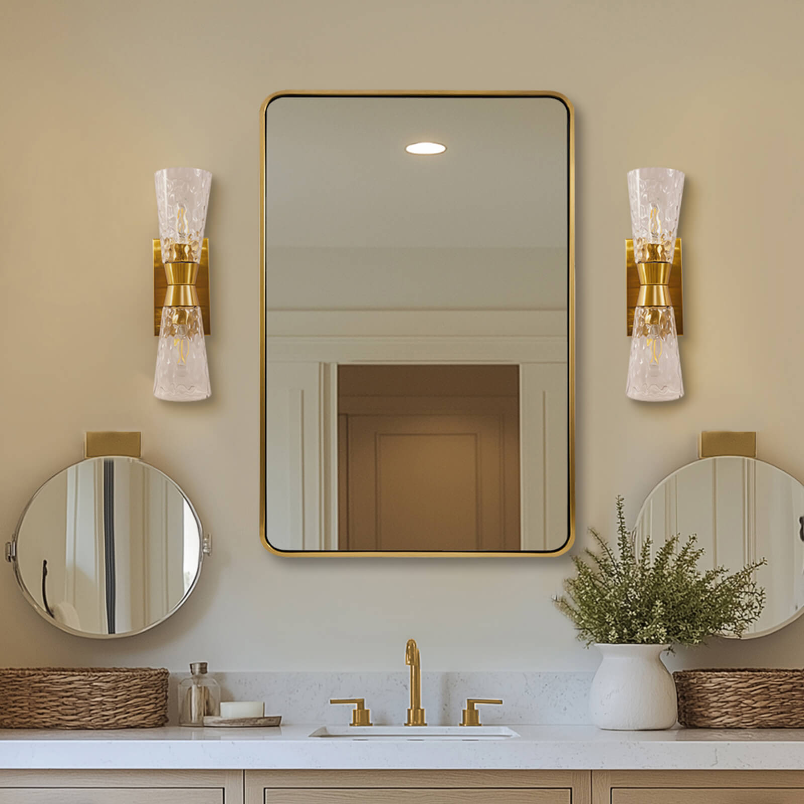 Artistic Double Sconce Flared Hammer Glass Shade Bathroom Light Fixtures