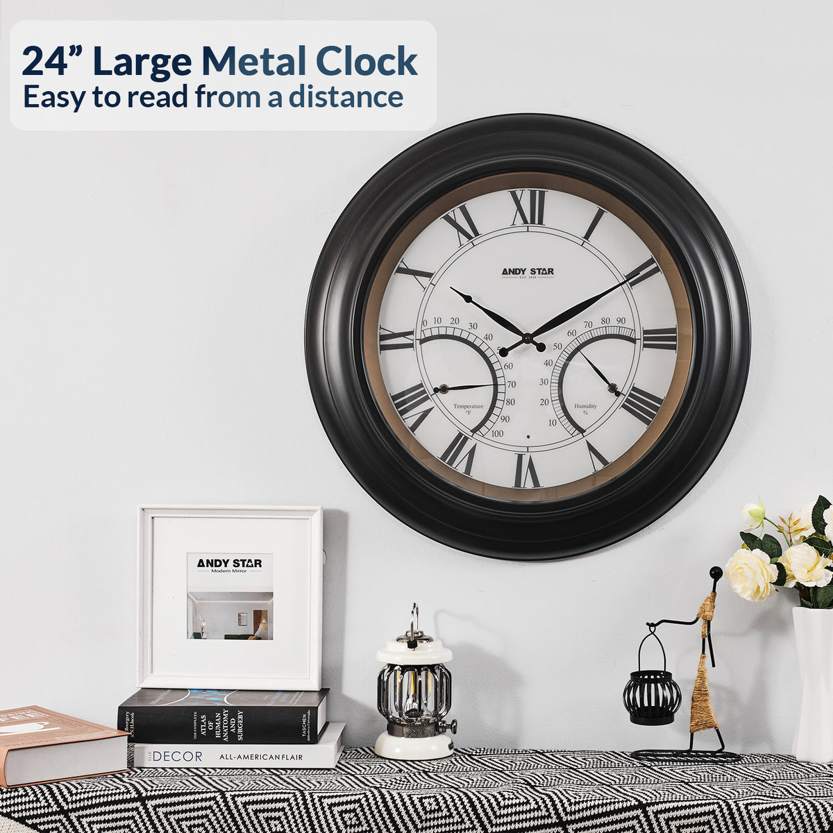 24 Inch Black Waterproof Large Outdoor Wall Clock with Thermometer