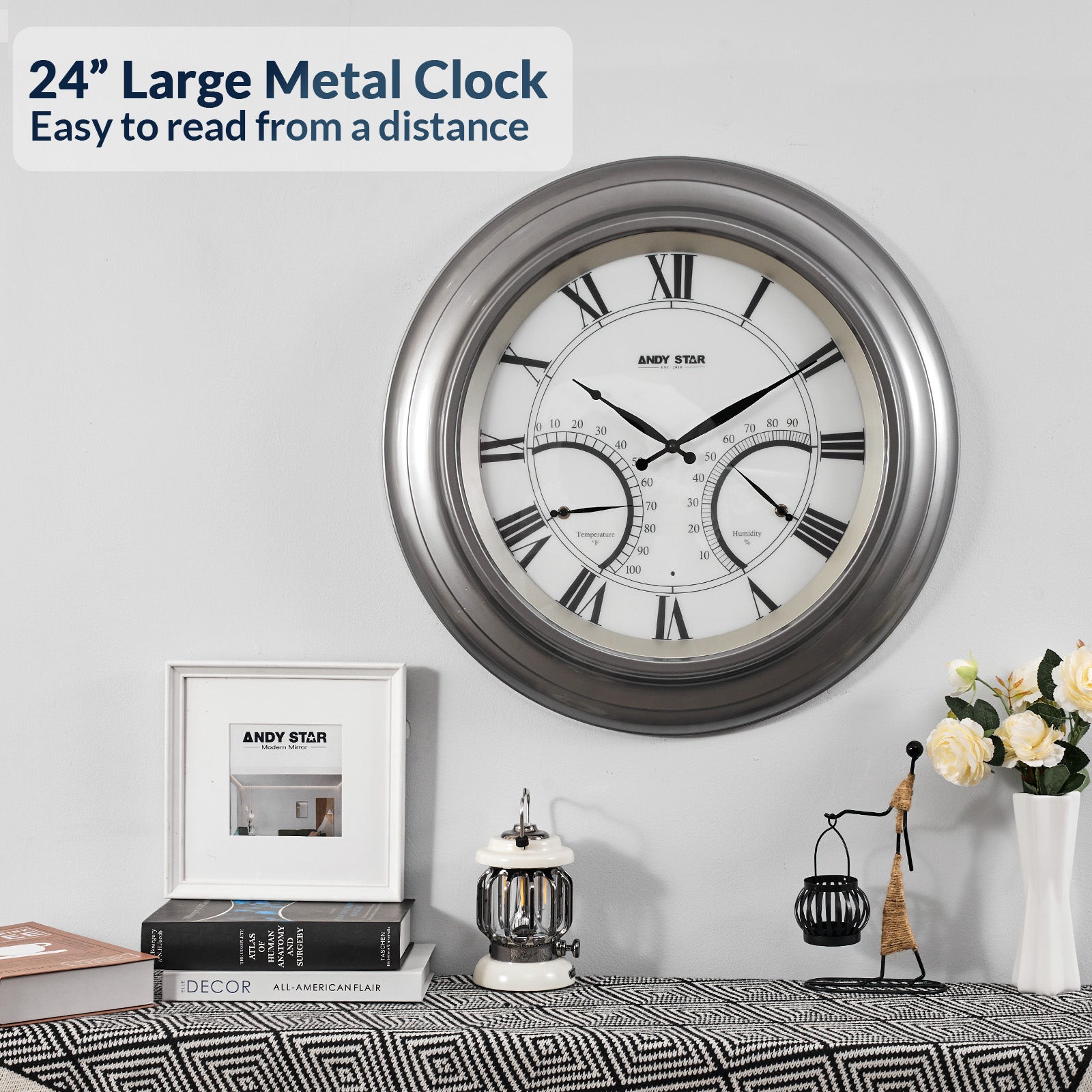 Contemporary Large Outdoor Wall Clock with Thermometer Waterproof Illuminated,24 Inch