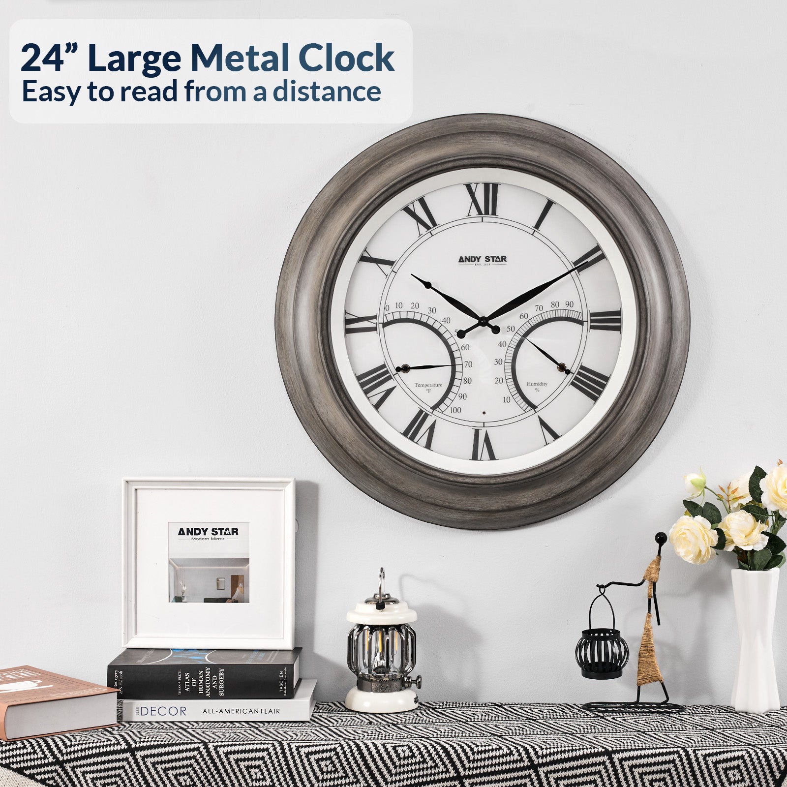Contemporary Large Outdoor Wall Clock with Thermometer Waterproof Illuminated,24 Inch