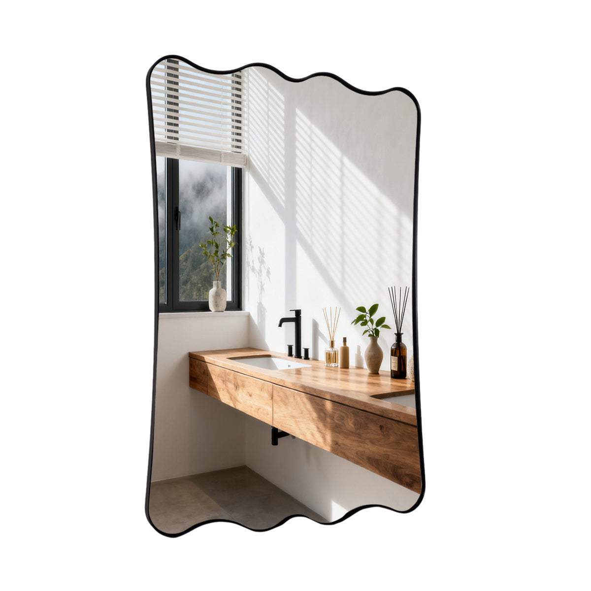 Contemporary Wavy Scalloped Rectangle Bathroom Mirror | Stainless Steel Frame