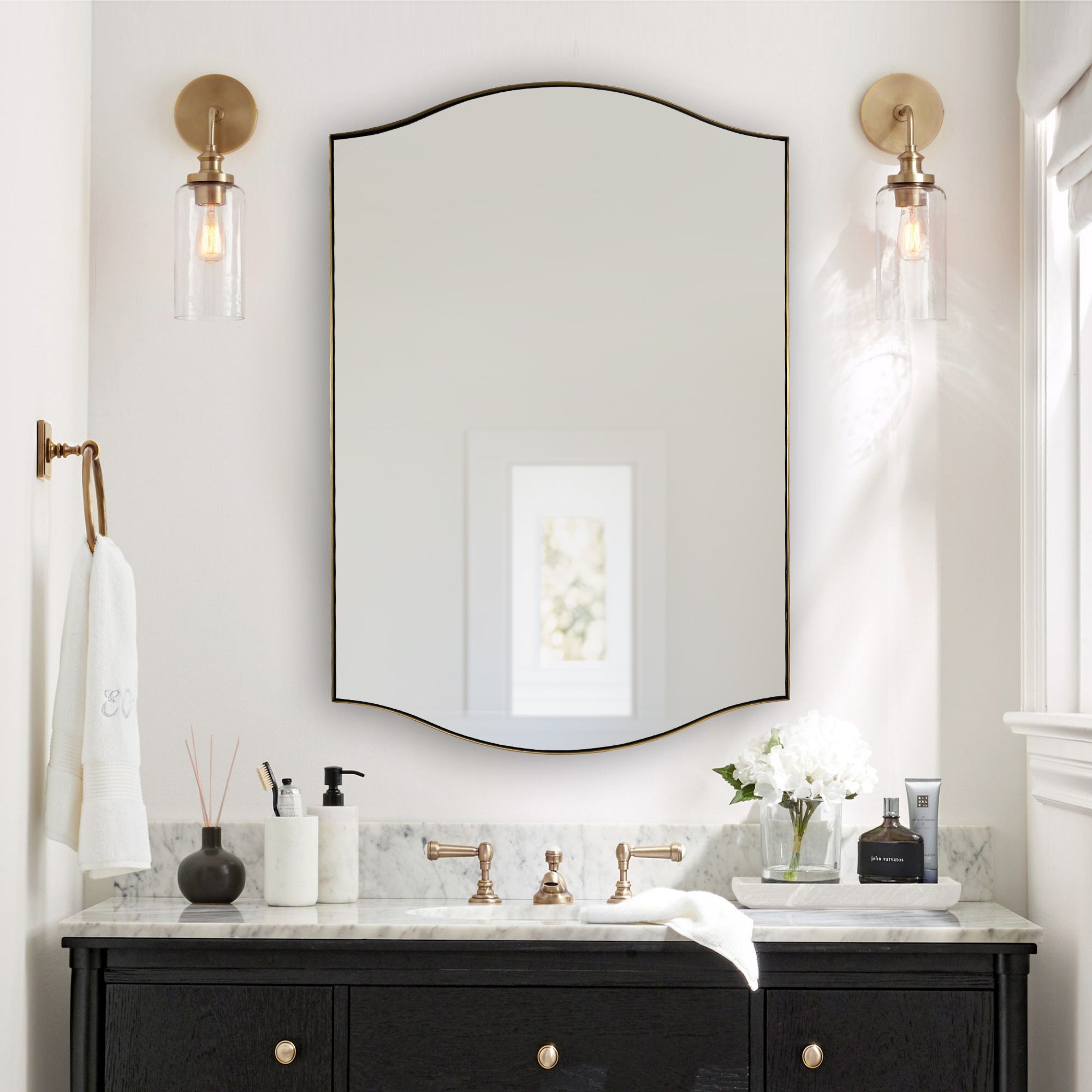 Dual Curve Arch Rectangular Scalloped Bathroom Wall Mirror |Stainless Steel Framed