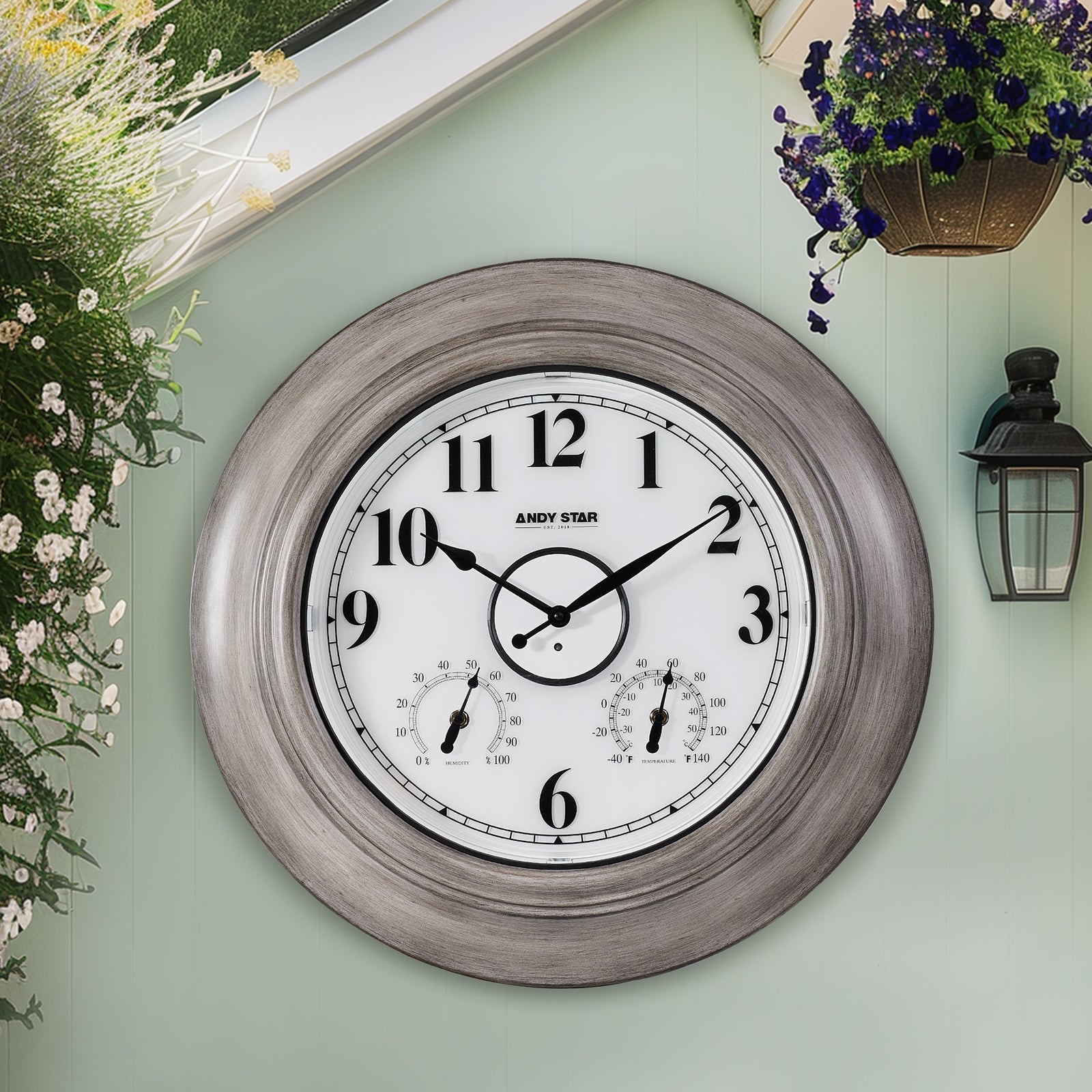 21 inch Oak Illuminated Outdoor Clocks with Thermometer Weatherproof Waterproof