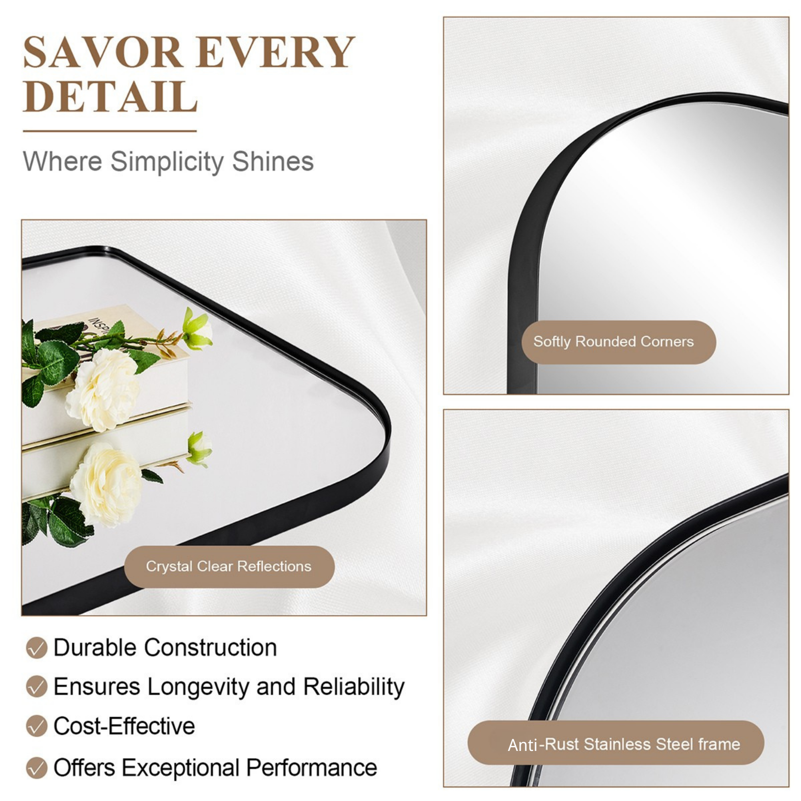 Modern Mantel Wide Arch Rectangle Bathroom Vanity Mirror | Stainless Steel Frame