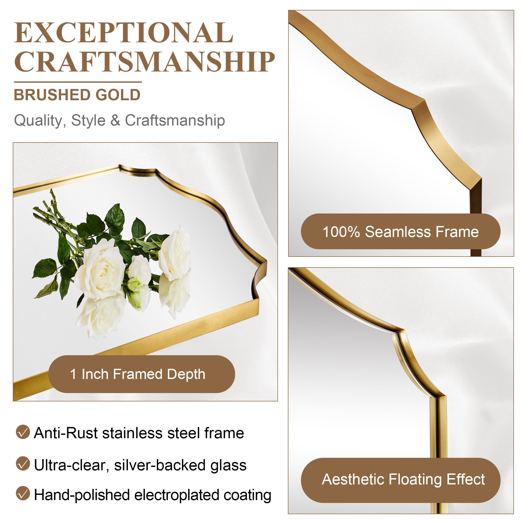 Traditional Rectangle Scalloped Wall Mirror for Bathroom | Stainless Steel Frame