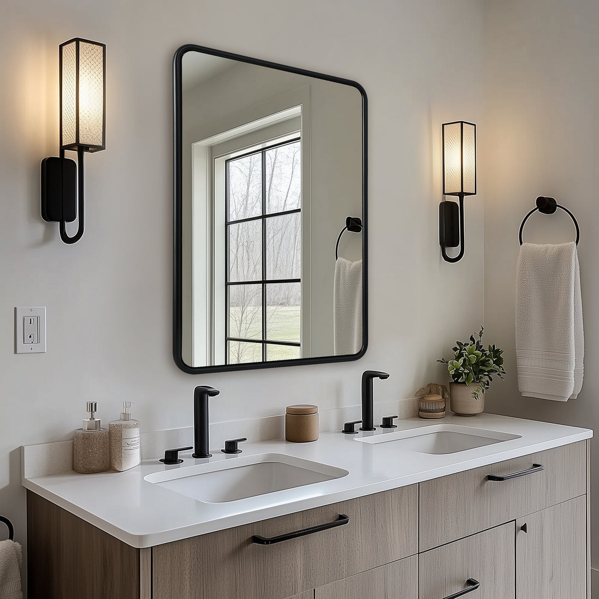 Contemporary Rectangle Bathroom Mirror |Rounded Stainless Steel Framed