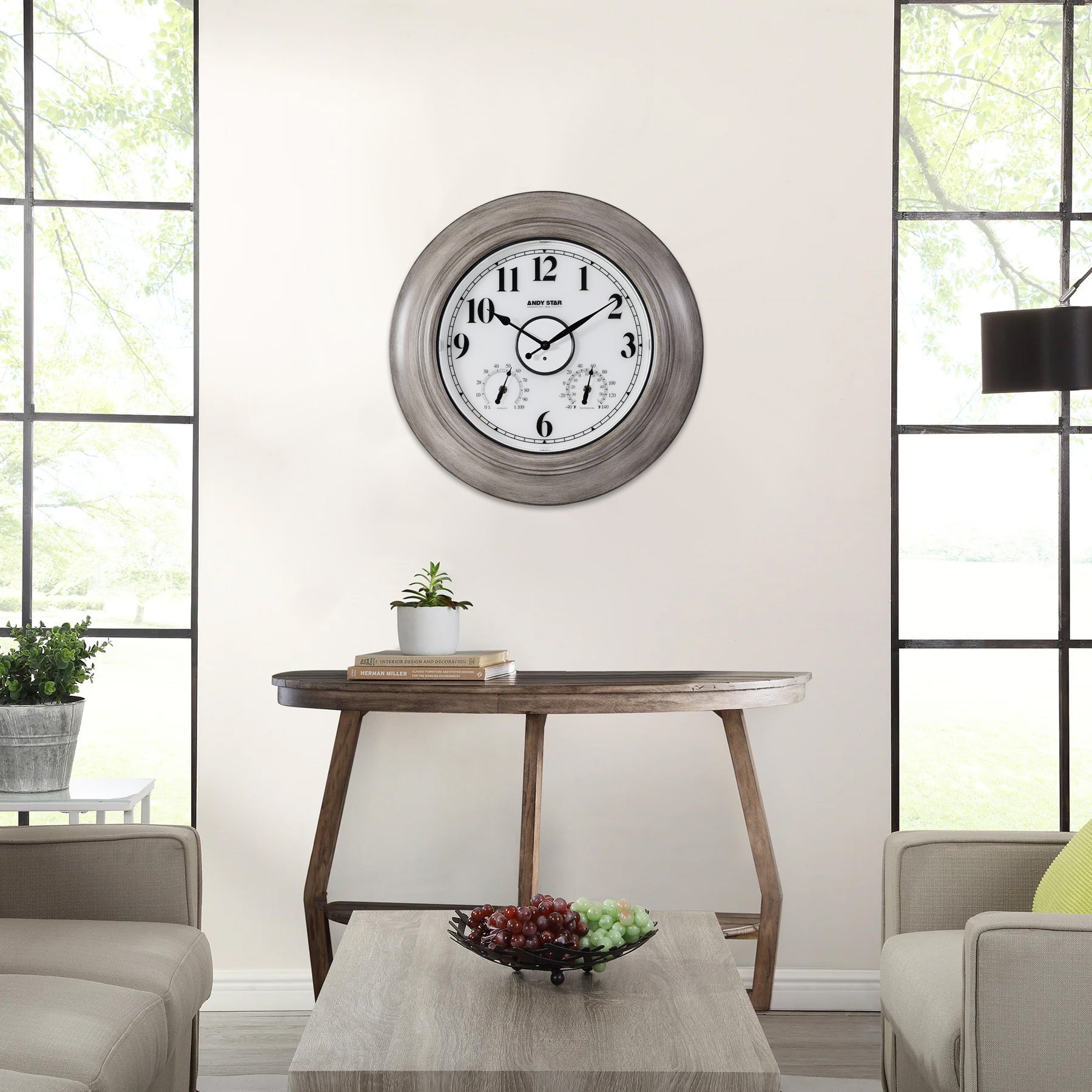 Contemporary Large Outdoor Wall Clock with Thermometer Weatherproof Illuminated ,21 Inch