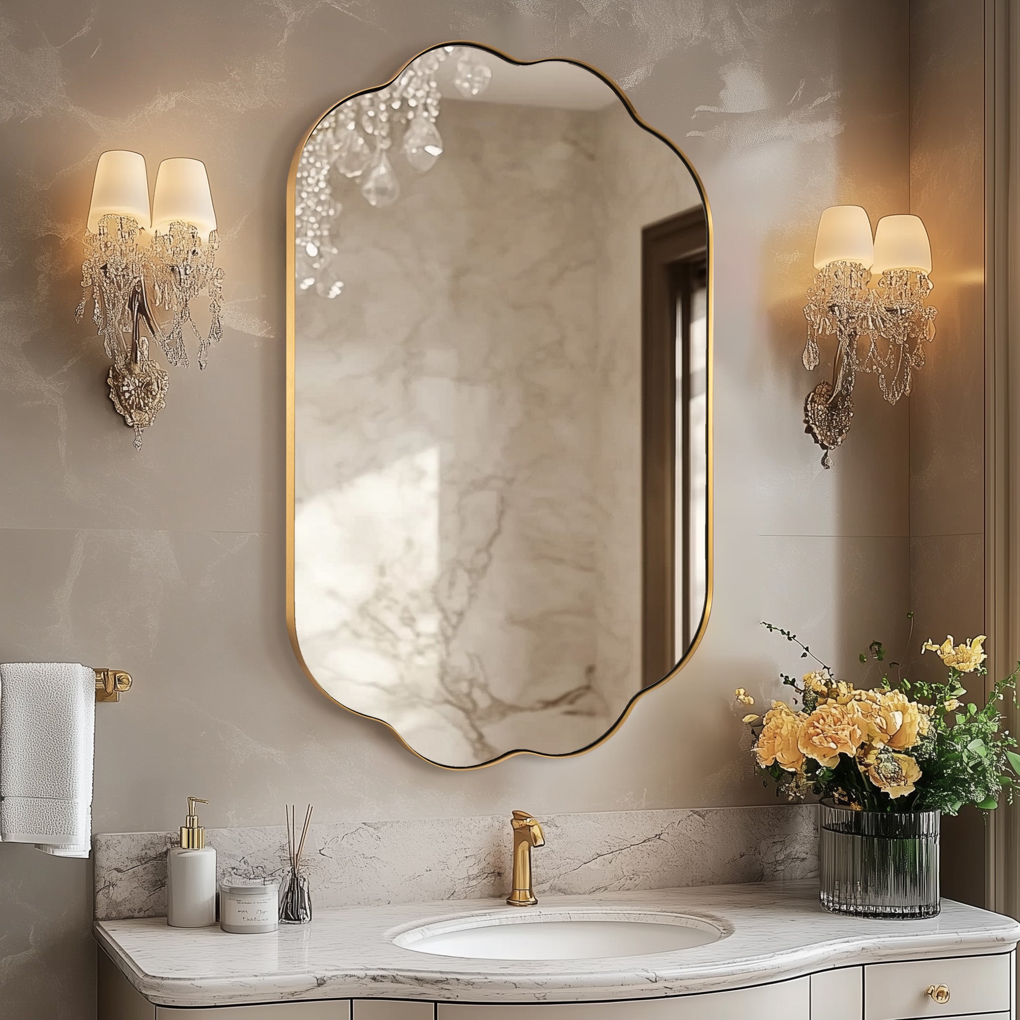 Contemporary Pill Shaped Long Oval Scalloped Bathroom Vanity Wall Mirror| Stainless Steel Framed