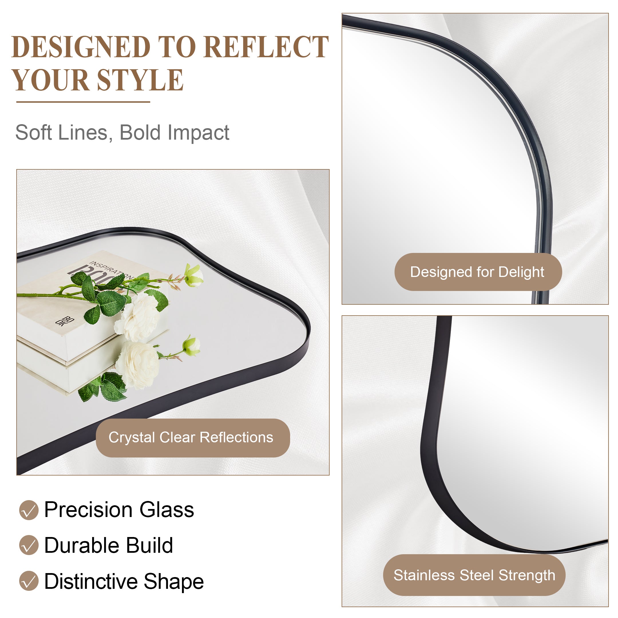 Contemporary Dual Concave Edge Rouded Scalloped Rectangle Wall Mirror | Stainless Steel Frame