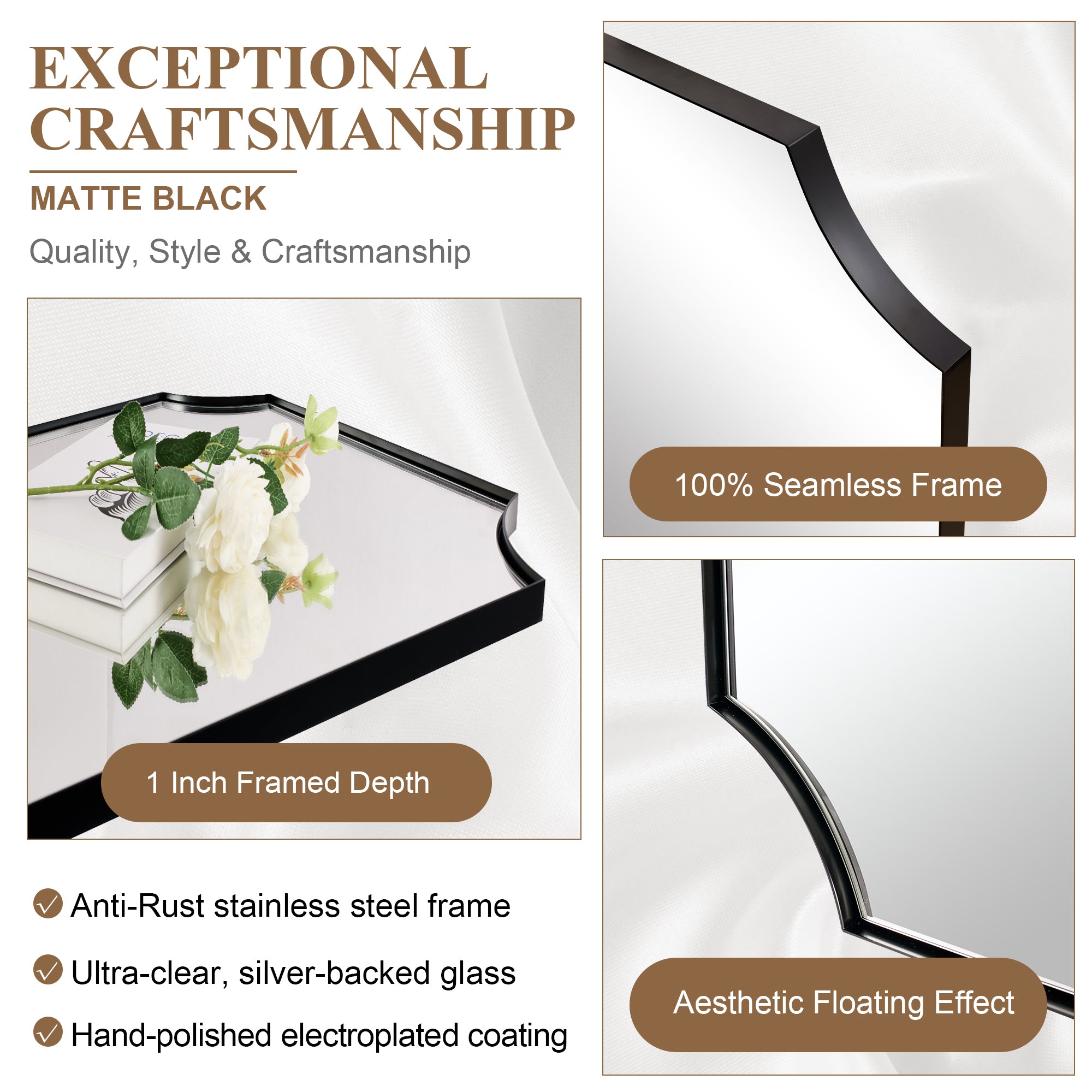 Contemporary Notched Corner Scalloped Rectangle Bathroom Vanity Mirror | Stainless Steel Frame