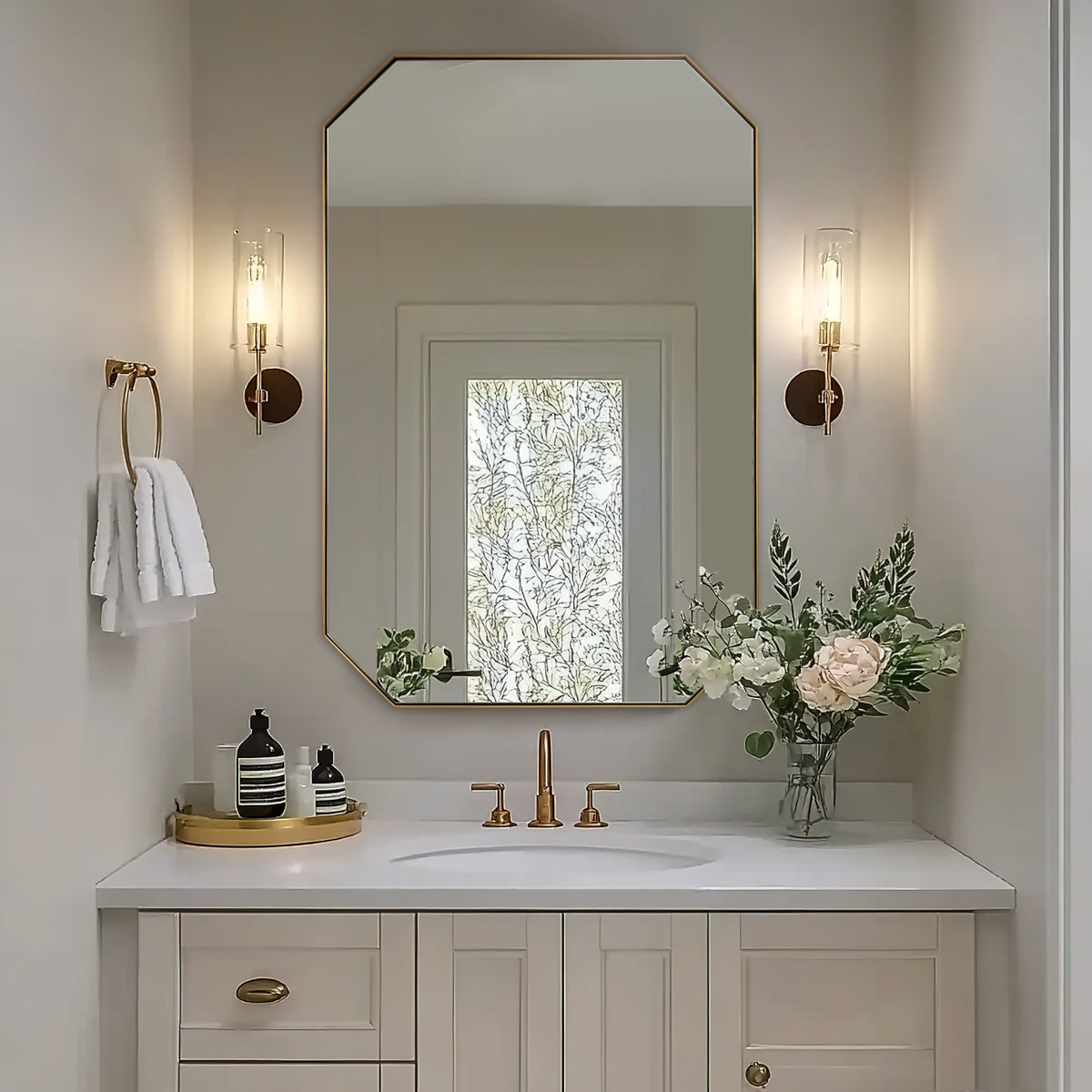 Contemporary Cut Corner Octagonal Scalloped Rectangle Mirror for Bathroom  |Stainless Steel Frame