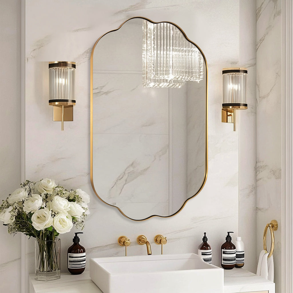 Contemporary Pill Shaped Long Oval Scalloped Bathroom Vanity Wall Mirror| Stainless Steel Framed