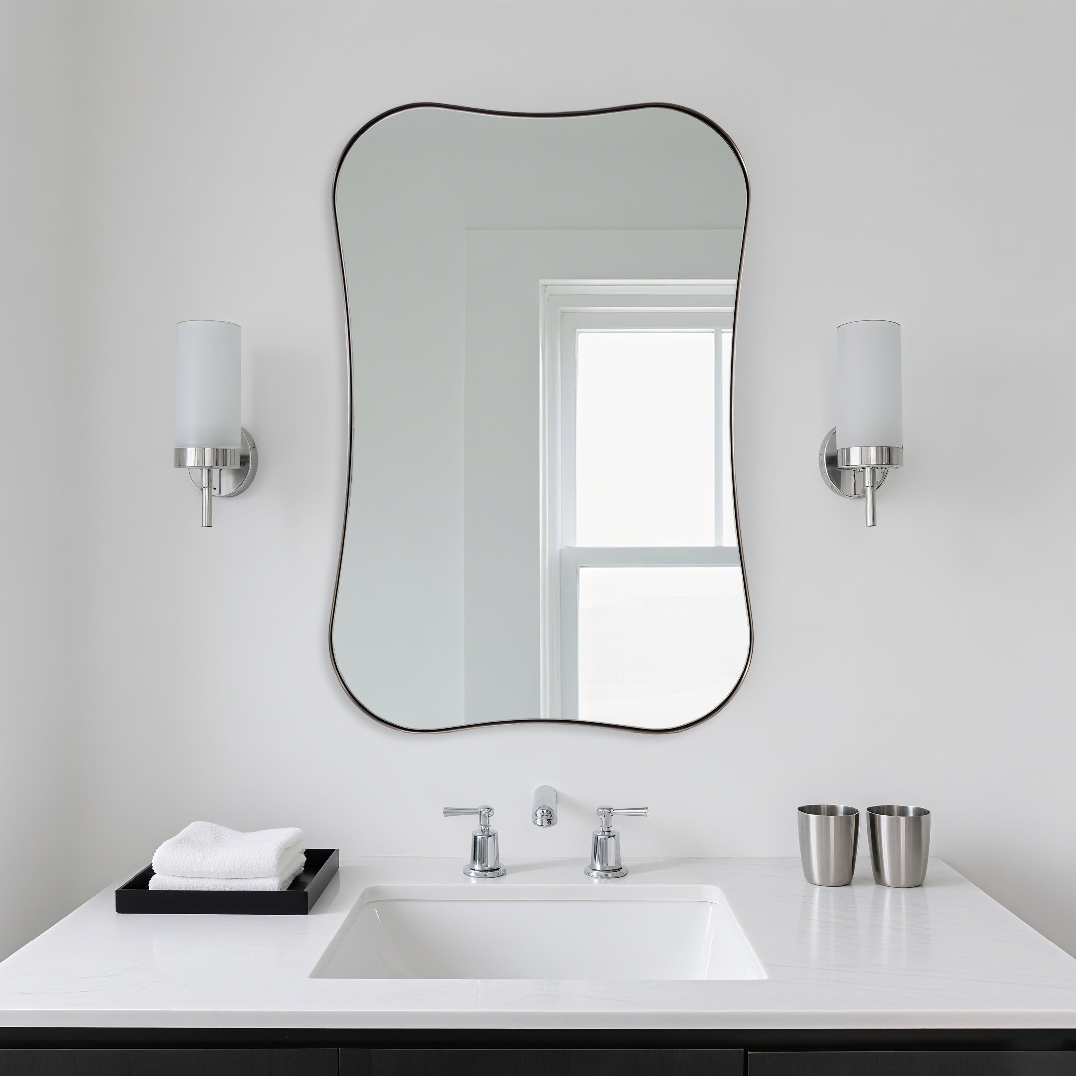 Contemporary Dual Concave Edge Rouded Scalloped Rectangle Wall Mirror | Stainless Steel Frame