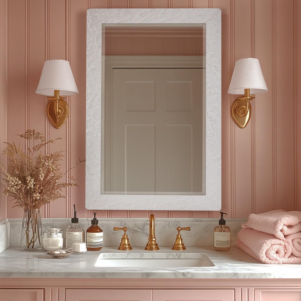 Contemporary White Plaster Thick Framed Rectangle Bathroom Mirror Decorative Beveled Mirror