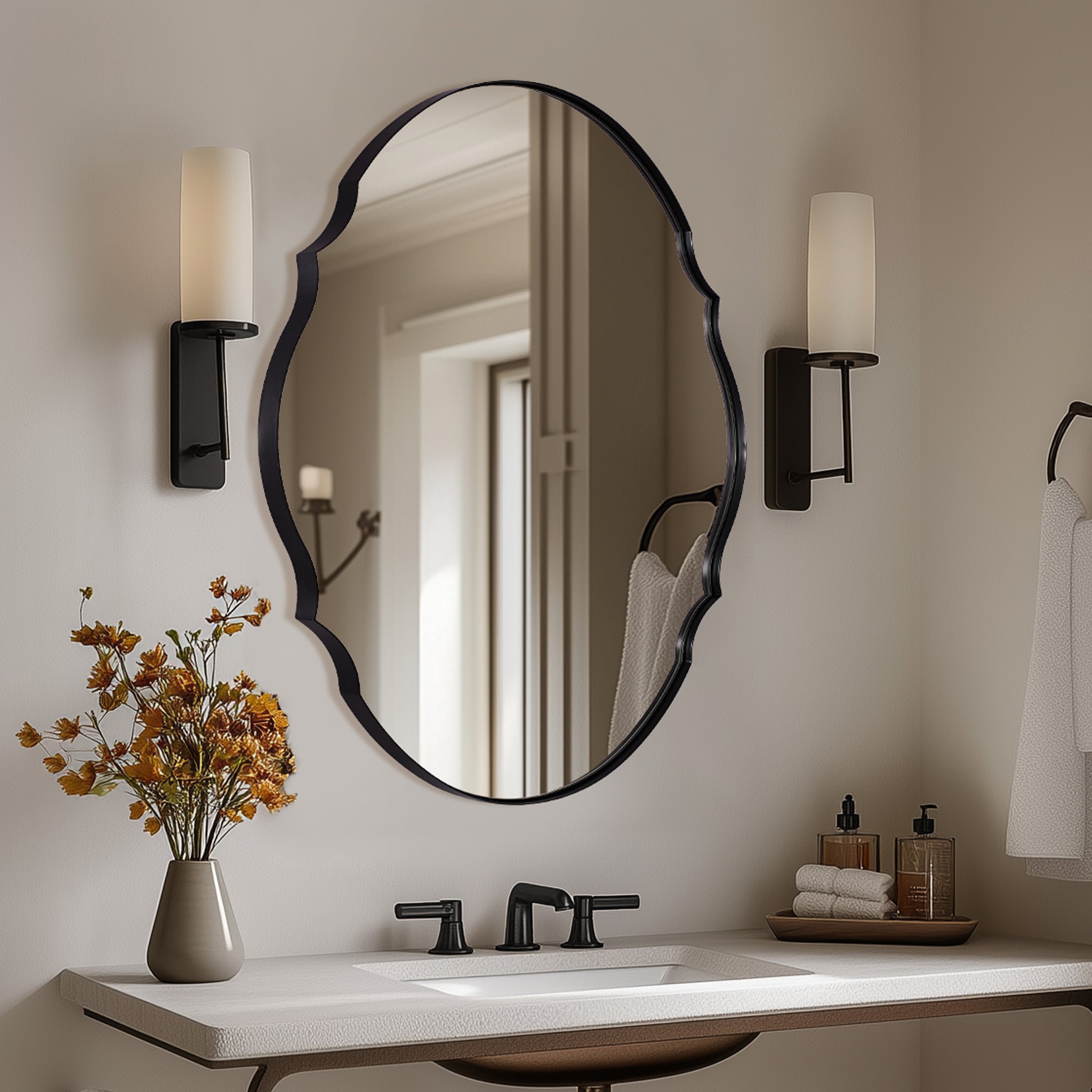 Contemporary Oval Scalloped Wall Mirror Irregular Bathroom Vanity Mirror| Stainless Steel Frame