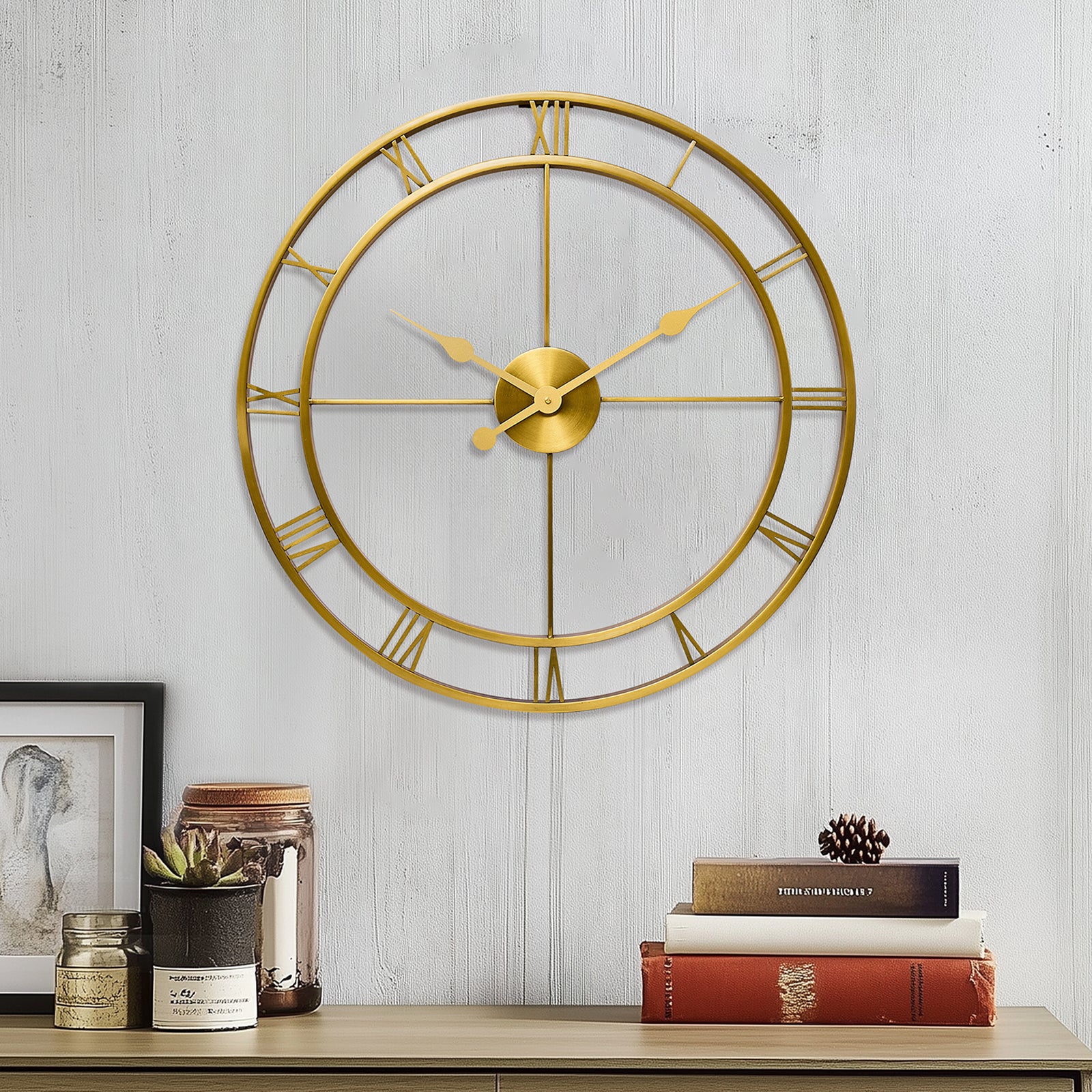 Retro Large Stainless Steel Round Hollow Metal Wall Clock Roman Numerals