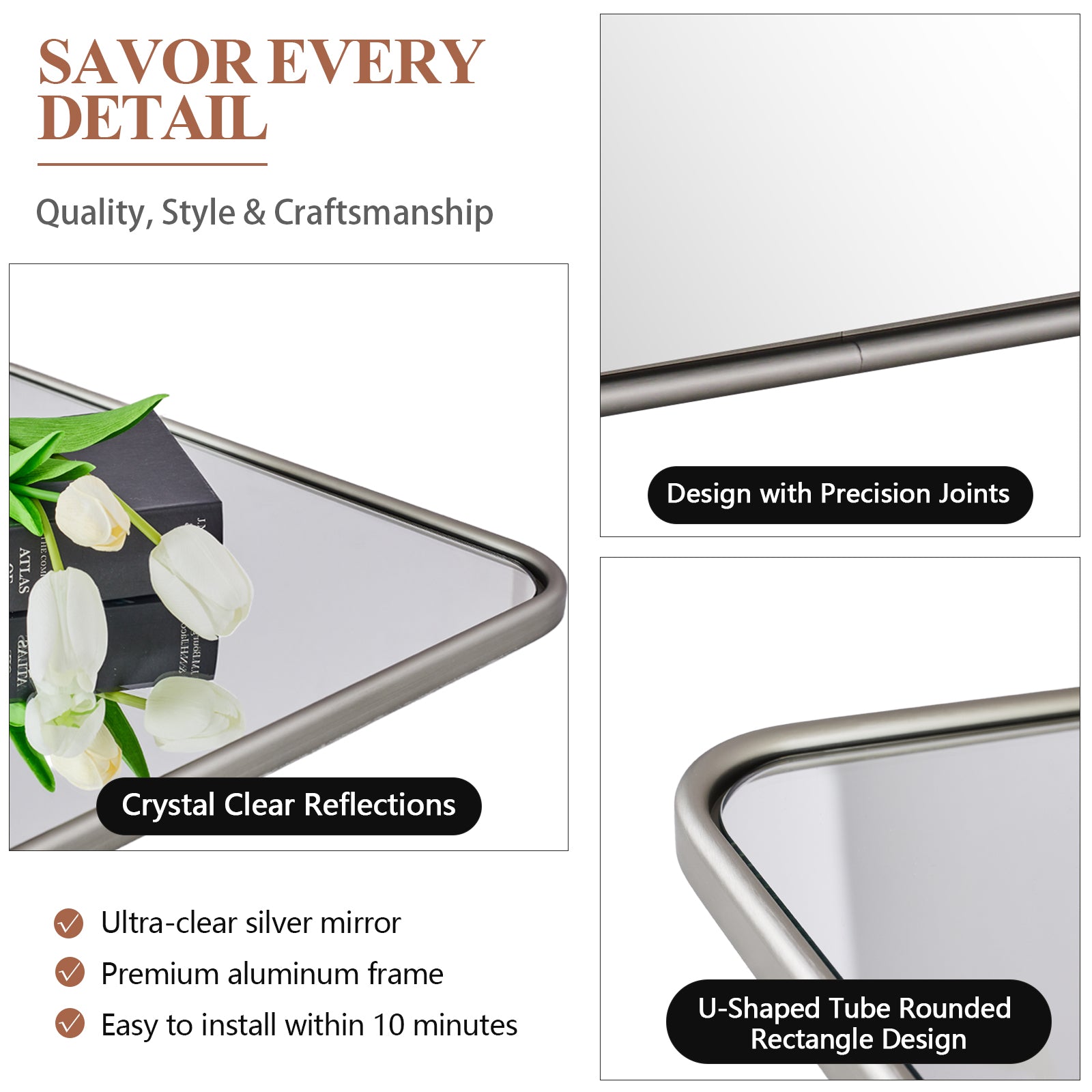 Contemporary Rounded Rectangular Bathroom Wall Mirror| Aluminum U-Tube Framed