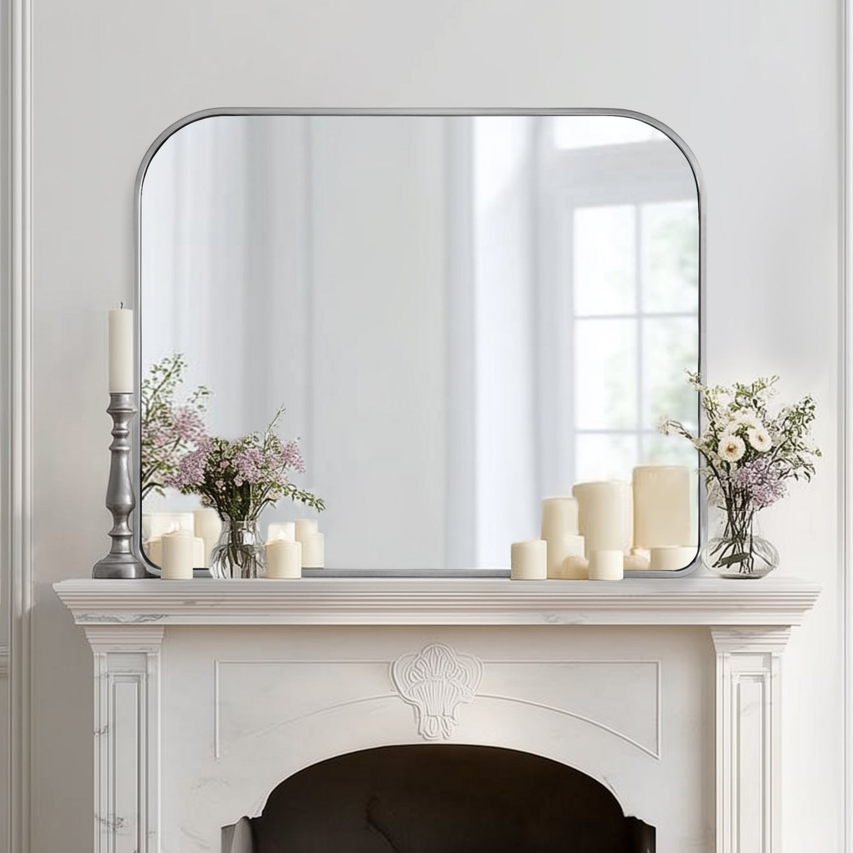 Anthropology Bold-Frame Wide Arch Mantel Mirror Bathroom Vanity Mirror ,Over the Fireplace | Stainless Steel Frame