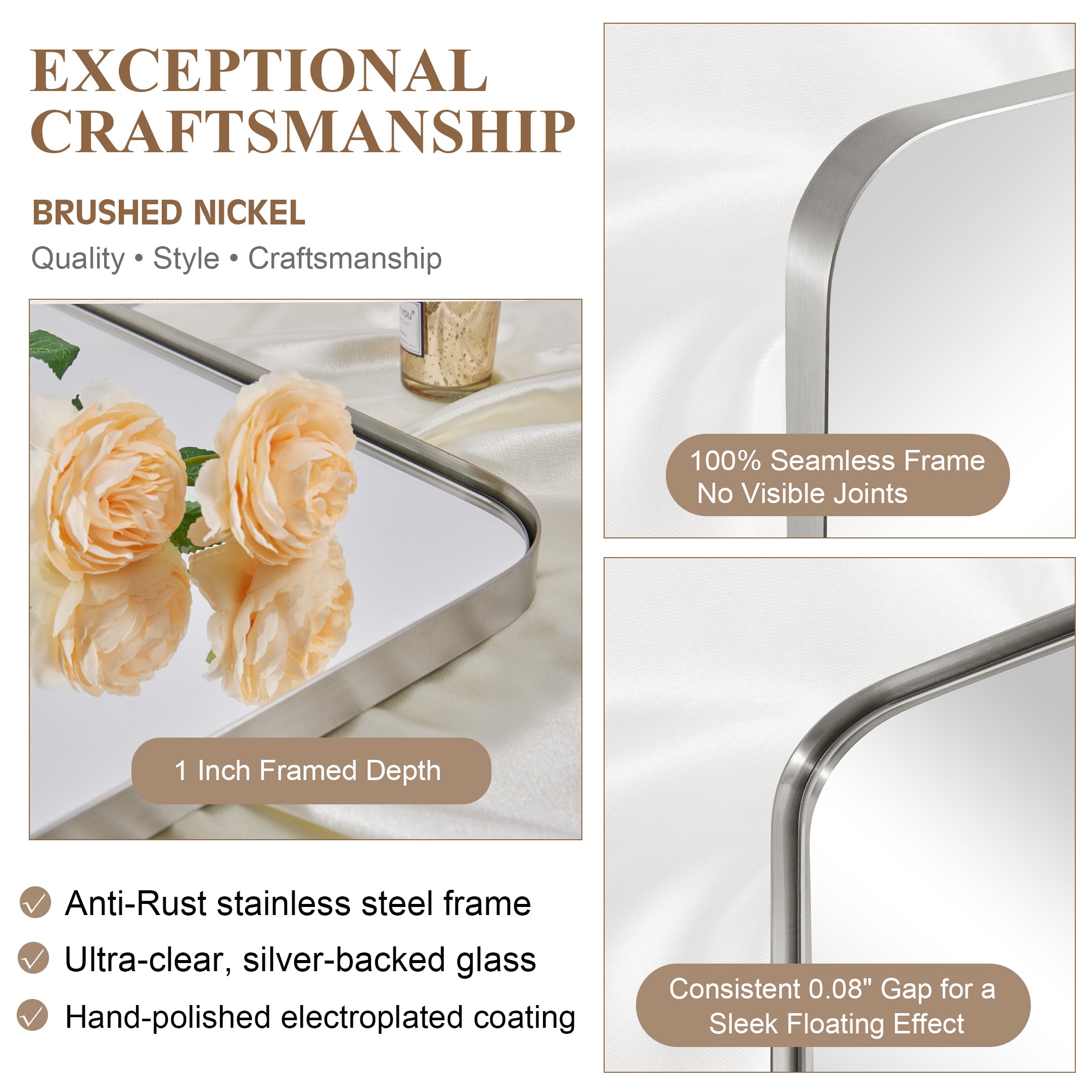 Modern Rounded Rectangle Mirror for Bathroom/ Vanity/ Wall | Stainless Steel Frame