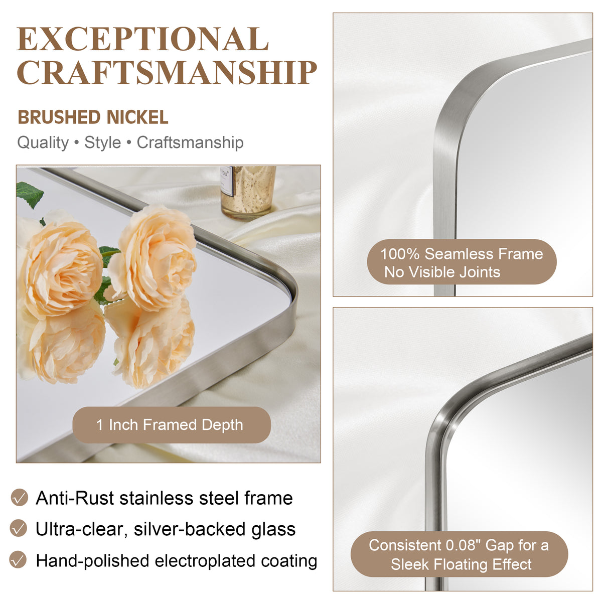 Modern Rounded Rectangle Mirror for Bathroom/ Vanity/ Wall | Stainless Steel Frame