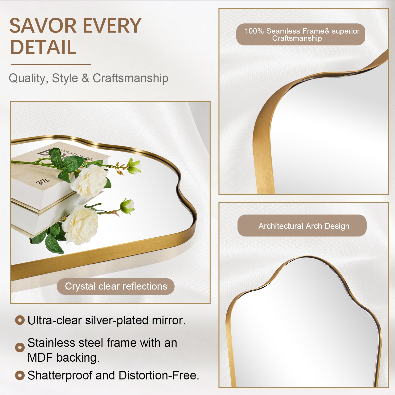 Contemporary Dual Arch Wall Mirror Irregular Scalloped Bathroom Mirror | Stainless Steel Frame