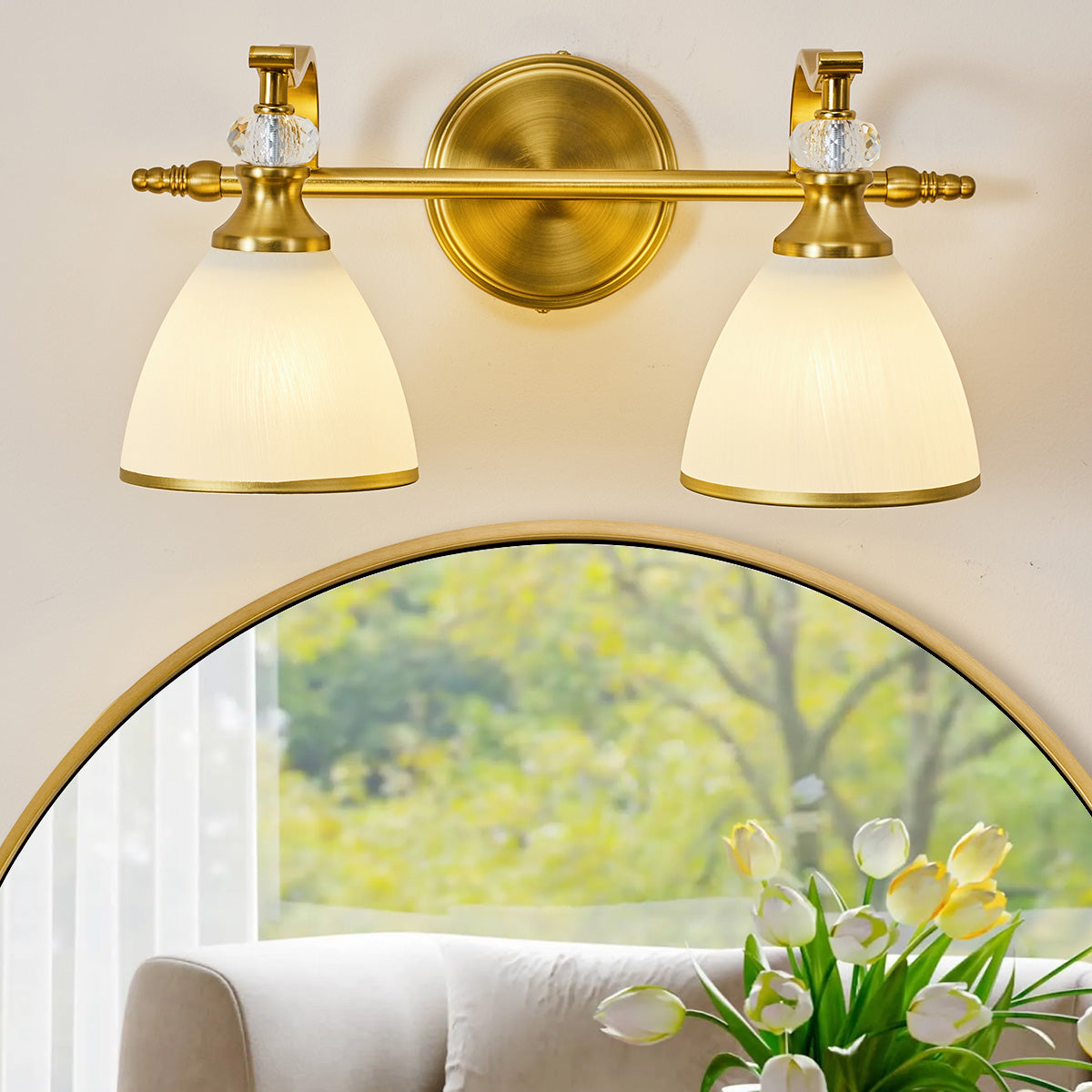 Artistical Metal Crank Frame White Frosted Trumpet Shade Bathroom Sconces