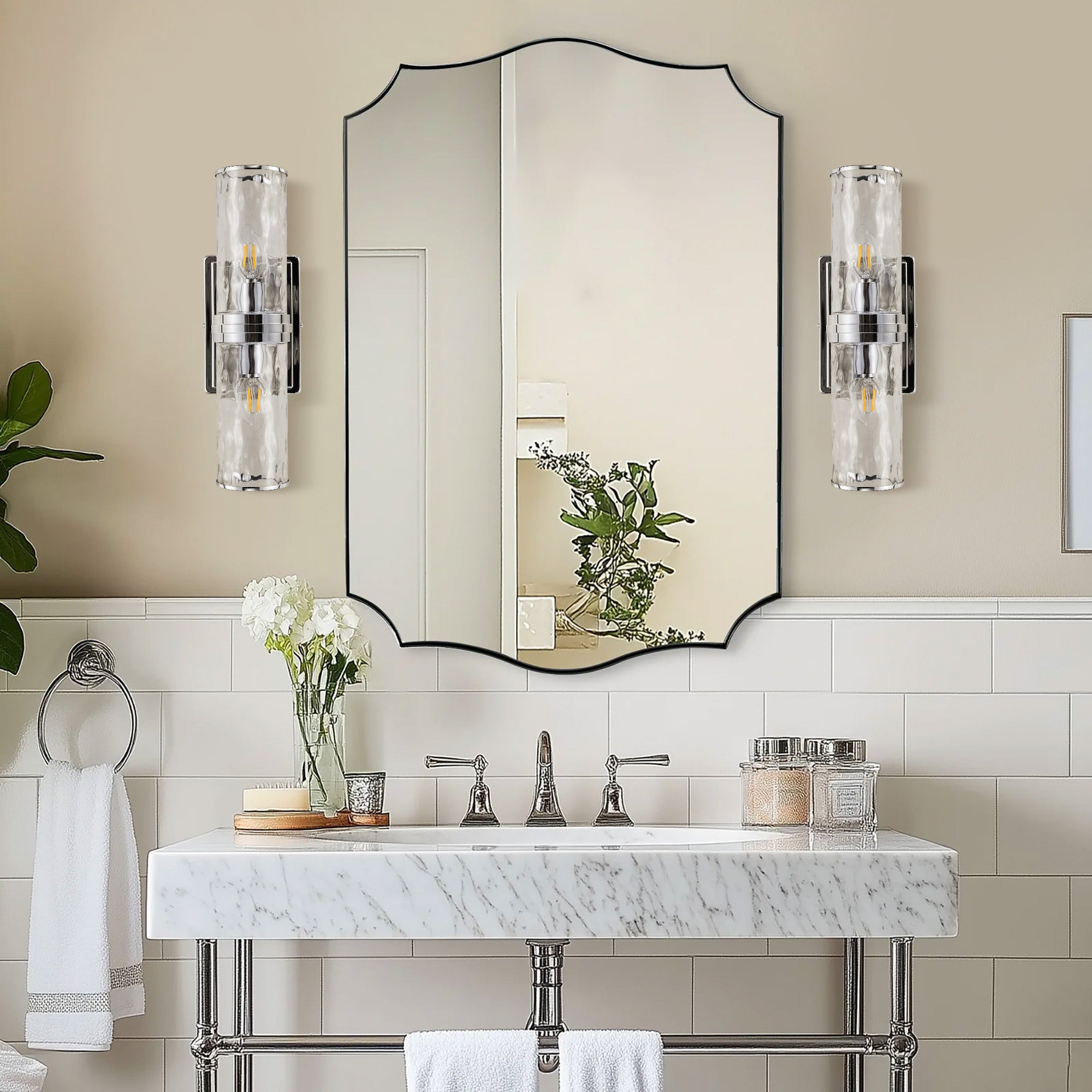 Contemporary Scalloped Rectangle Wall Mirror | Stainless Steel Frame