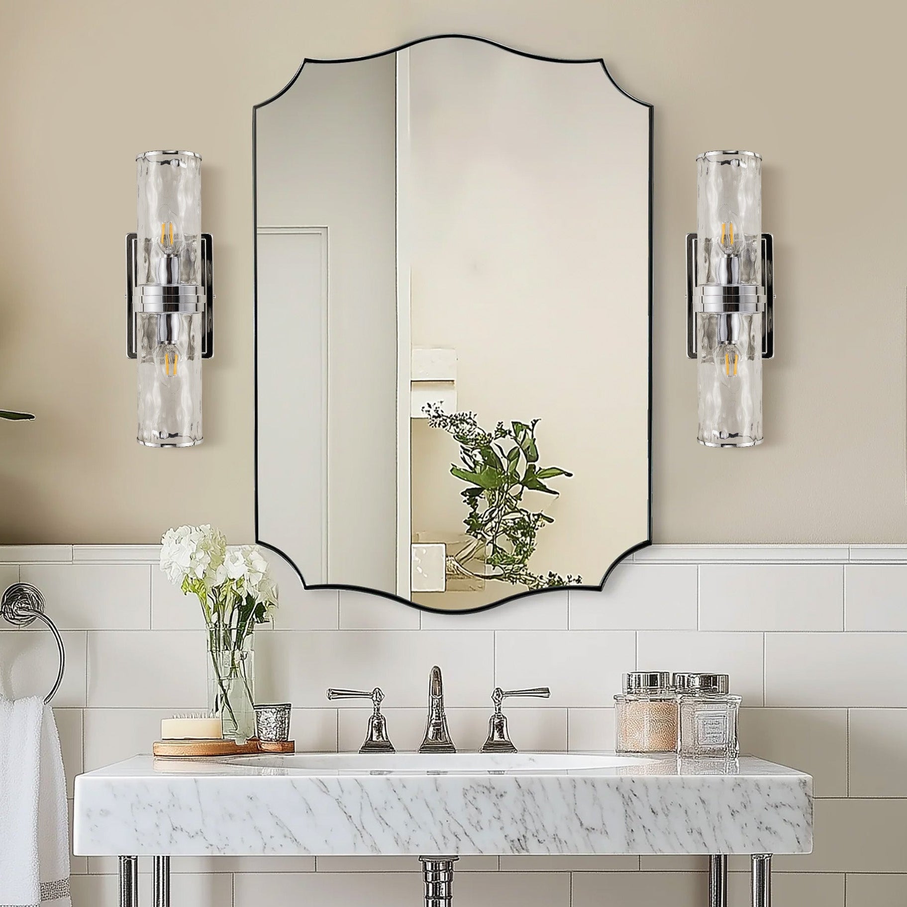 Traditional Rectangle Scalloped Wall Mirror for Bathroom | Stainless Steel Frame