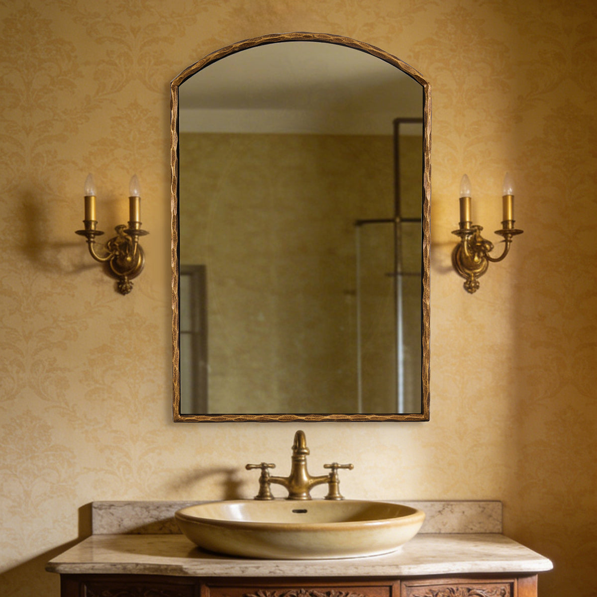 Vintage Hand-Forged Arched Mirror Hammered Wrought Iron Bathroom Mirror