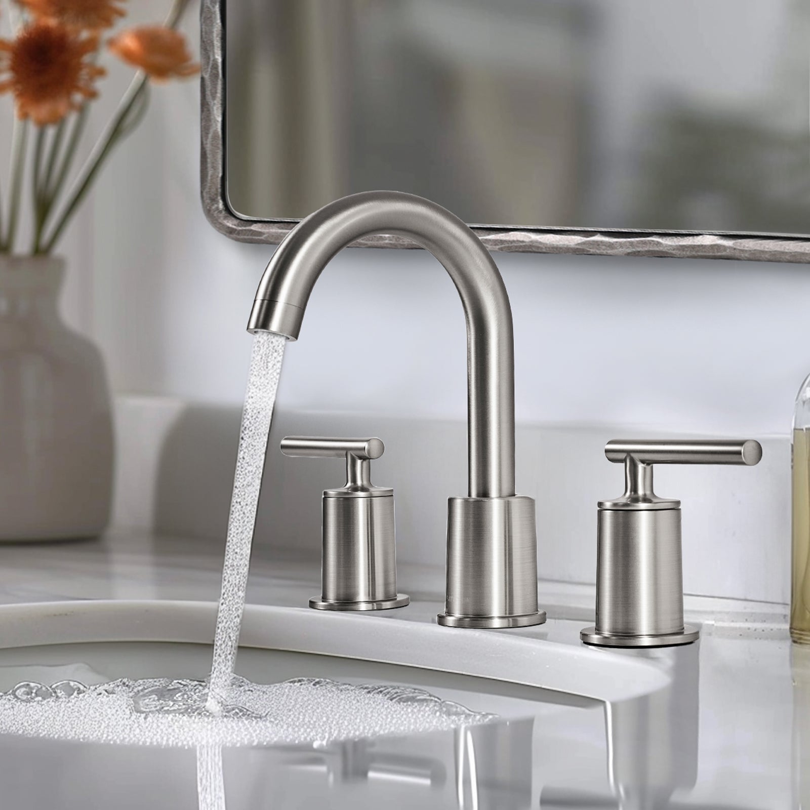 ANDY STAR Bathroom Faucet 3 Hole, 360 Degree Swivel Spout Bathroom Sink Faucet with 2 Level Handle of Hot&Cold Water Control