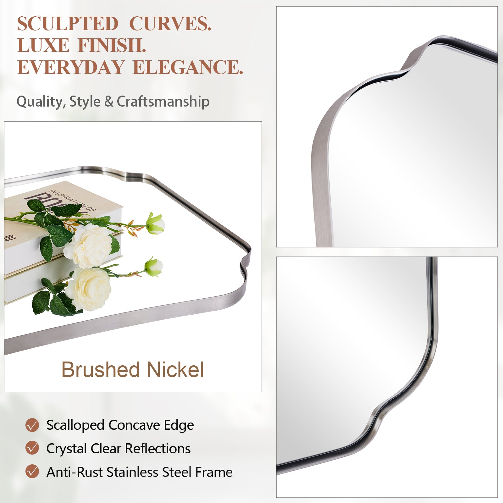 Contemporary Concave Edge Scalloped Bathroom Mirror Decorative | Stainless Steel Frame