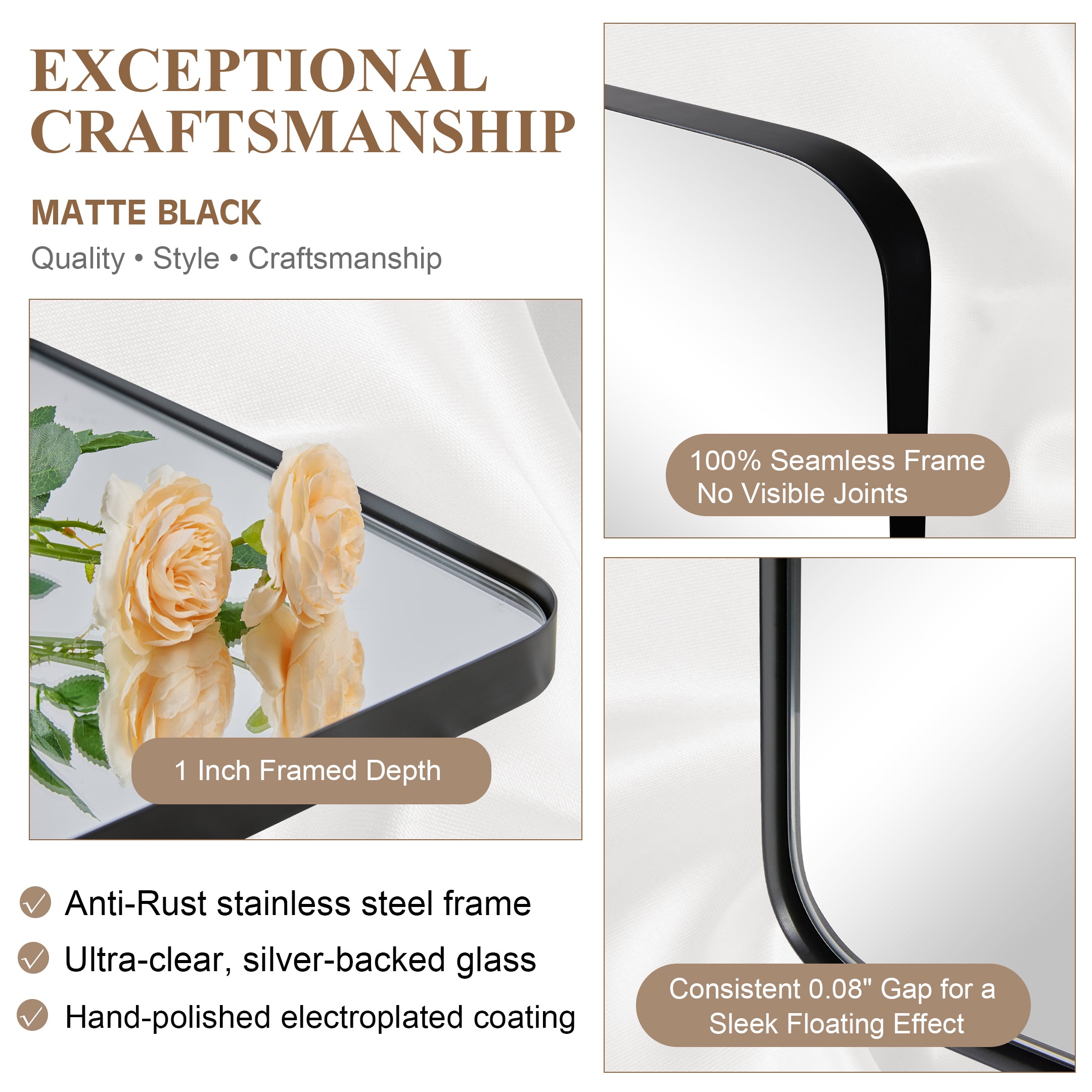 Open Box Like New : Modern Rounded Rectangle Mirror for Bathroom/ Vanity/ Wall | Stainless Steel Frame