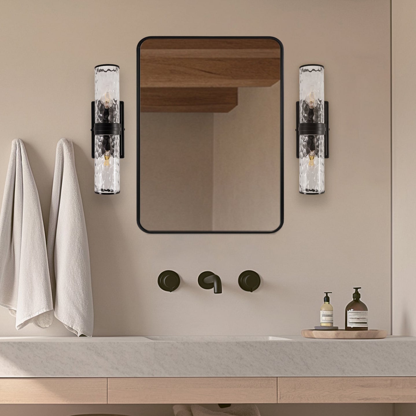 Elegant Hammer Glass Double-Cylinder Shade Wall Sconce Bathroom Light Fixture