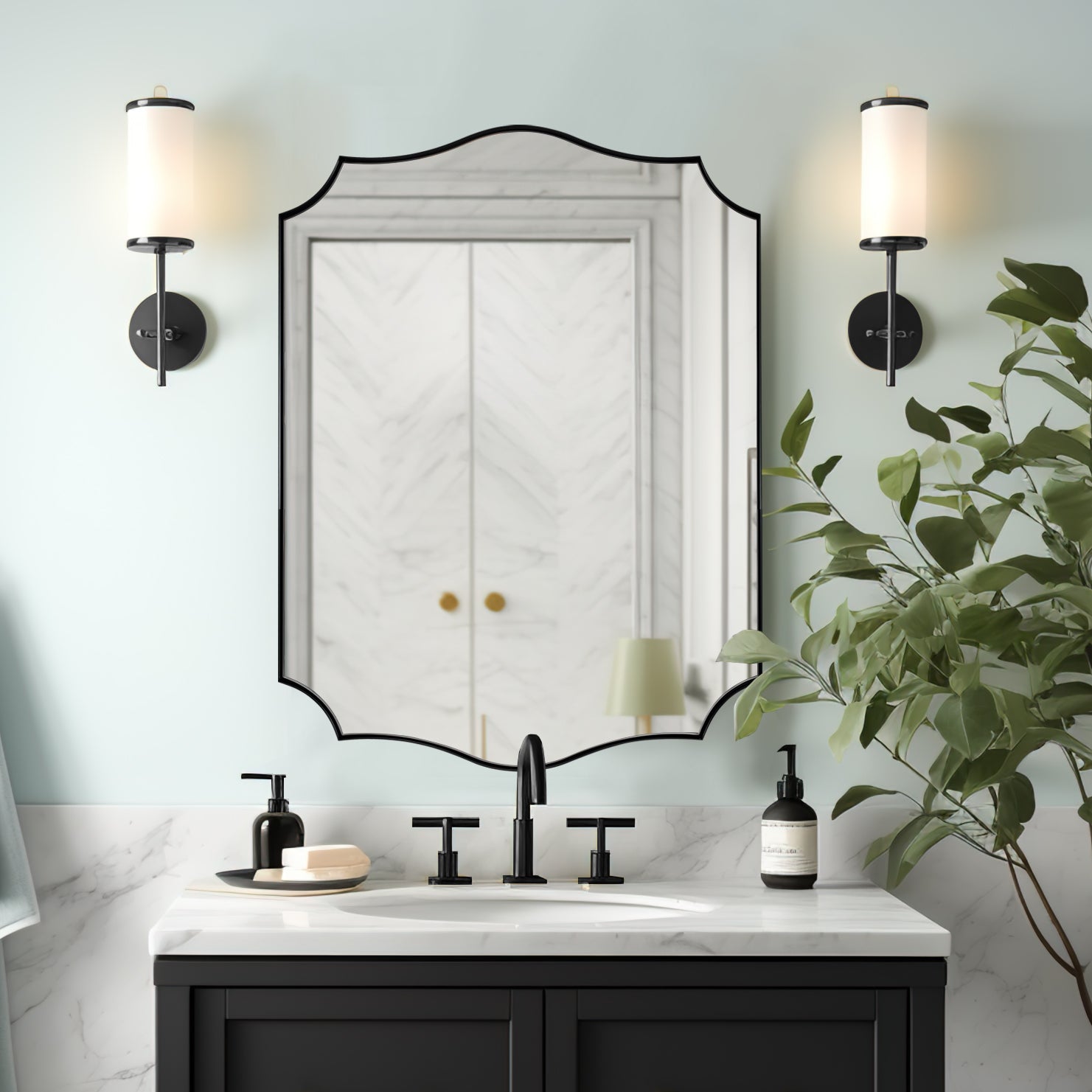 Traditional Rectangle Scalloped Wall Mirror for Bathroom | Stainless Steel Frame