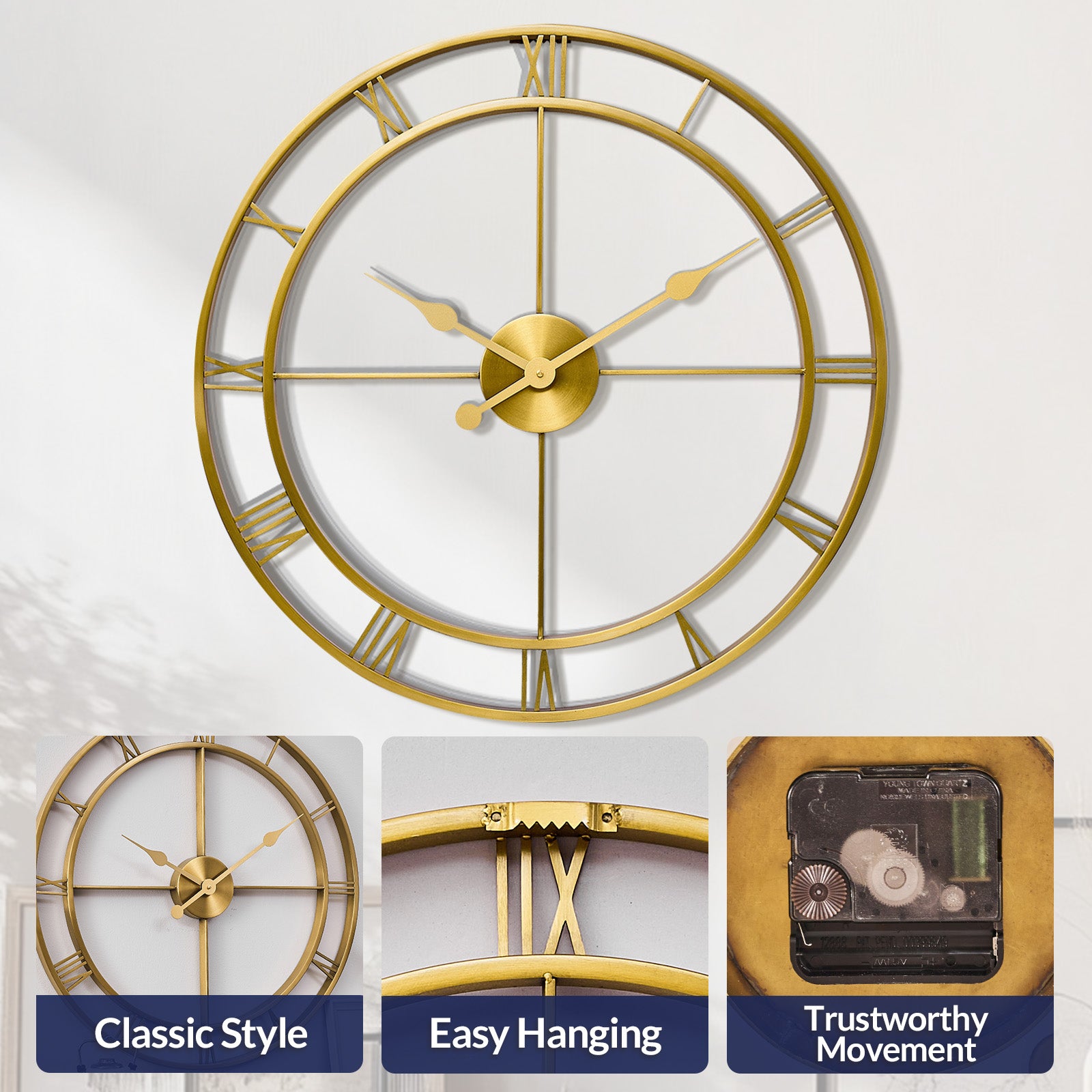 Retro Large Stainless Steel Round Hollow Metal Wall Clock Roman Numerals