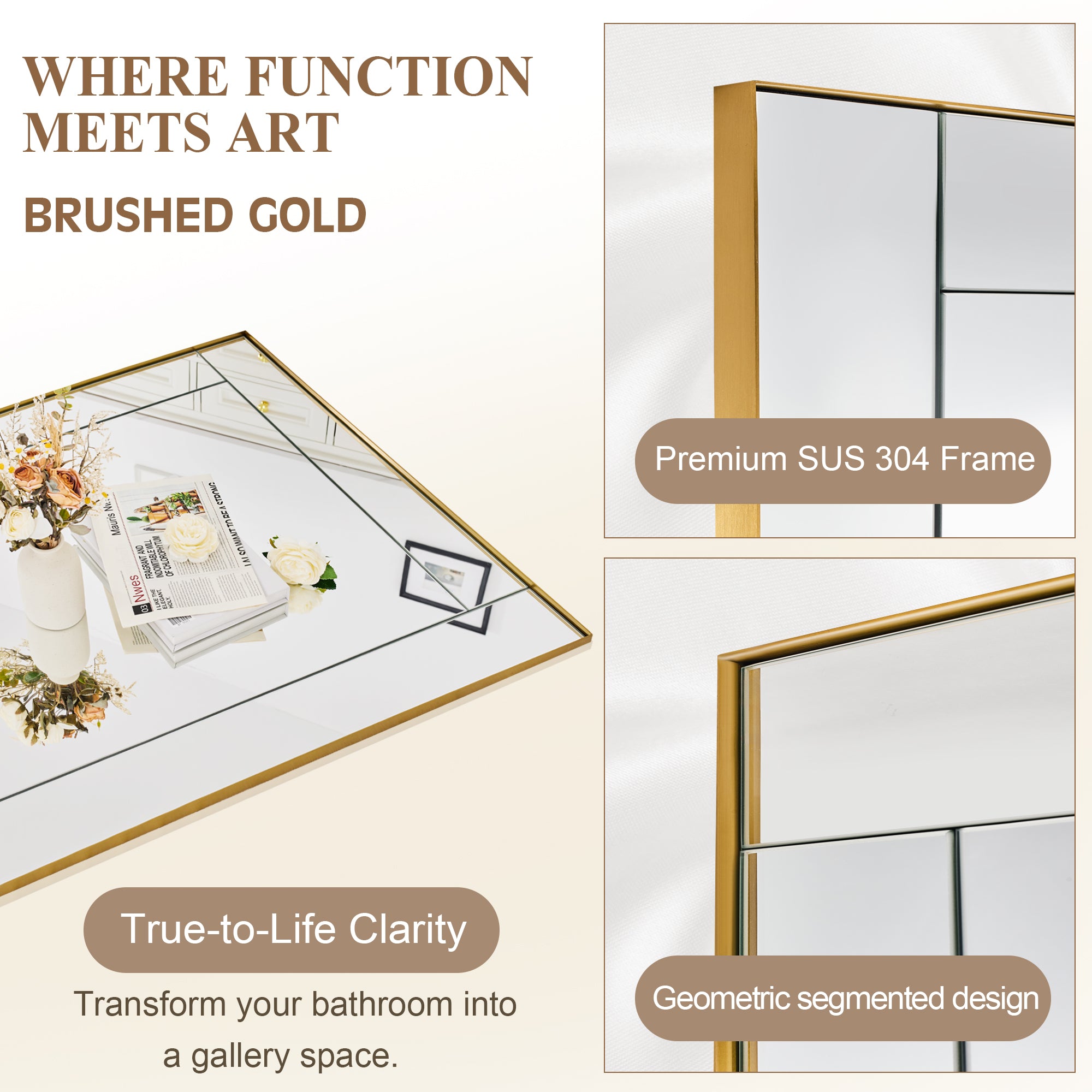 Contemporary Geometric Glass Tile Rectangular Bathroom Vanity Mirror | Stainless Steel Frame