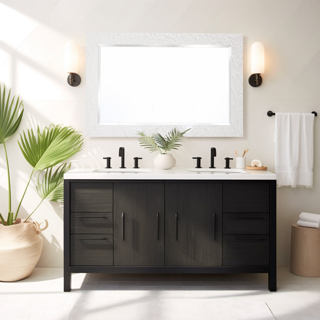 Contemporary White Plaster Thick Framed Rectangle Bathroom Mirror Decorative Beveled Mirror