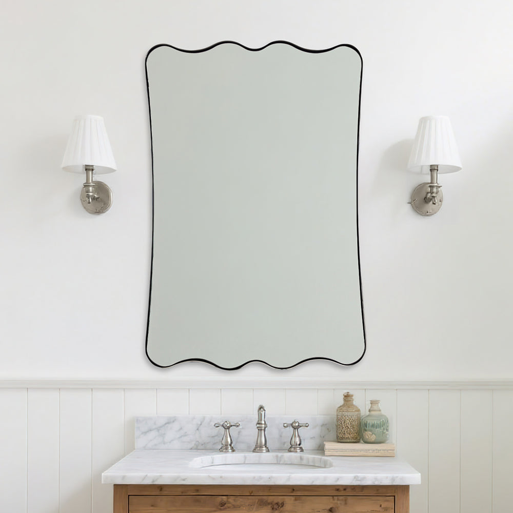 Contemporary Wavy Scalloped Rectangle Mirror Decorative Bathroom Mirror | Stainless Steel Frame