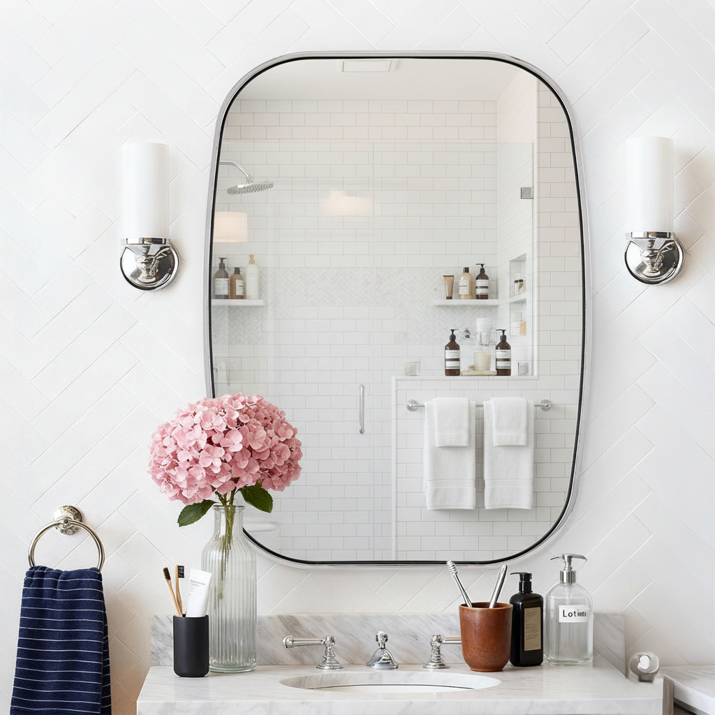 Contemporary Long Oval Oblong Bathroom Mirror | Stainless Steel Frame