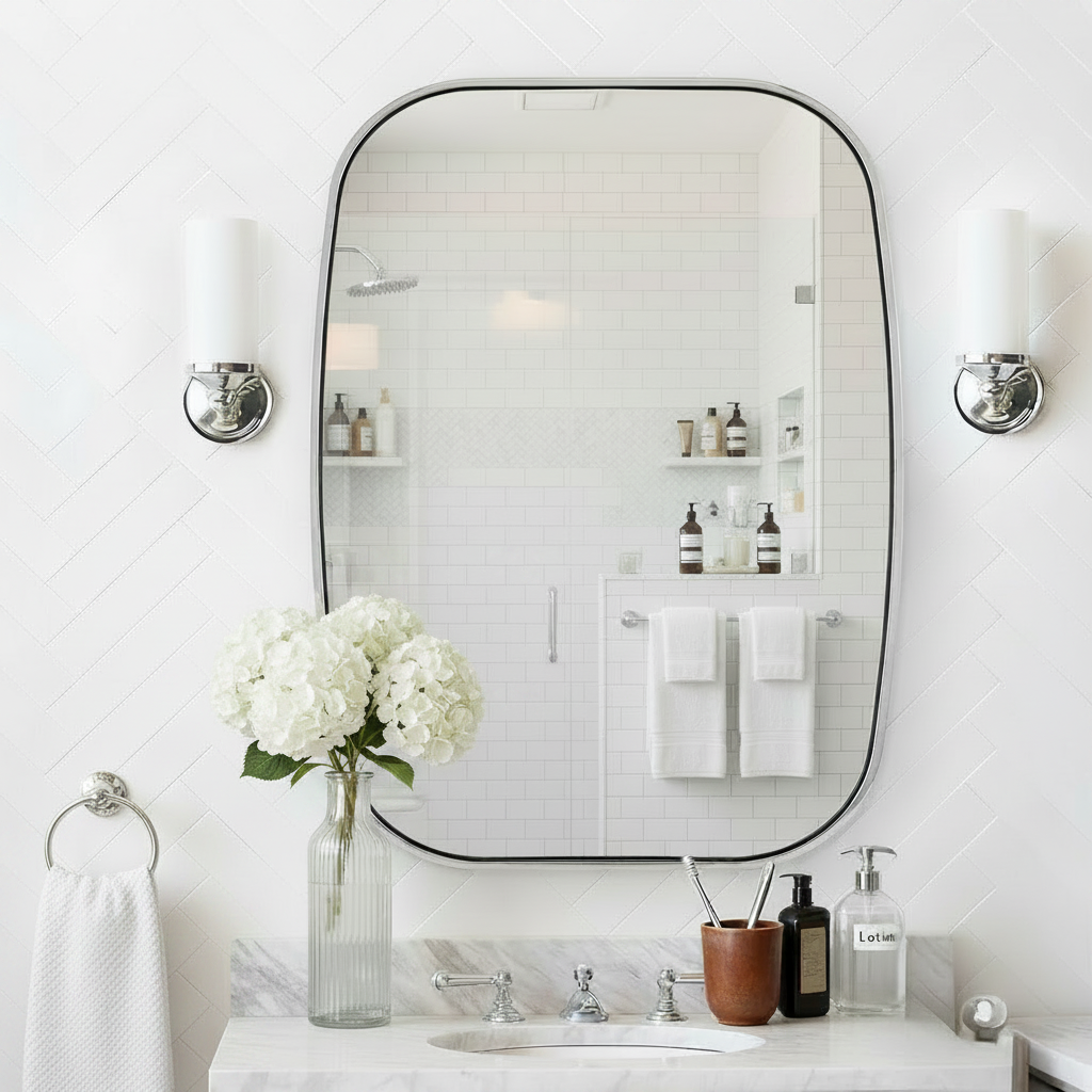 Contemporary Long Oval Oblong Bathroom Mirror | Stainless Steel Frame