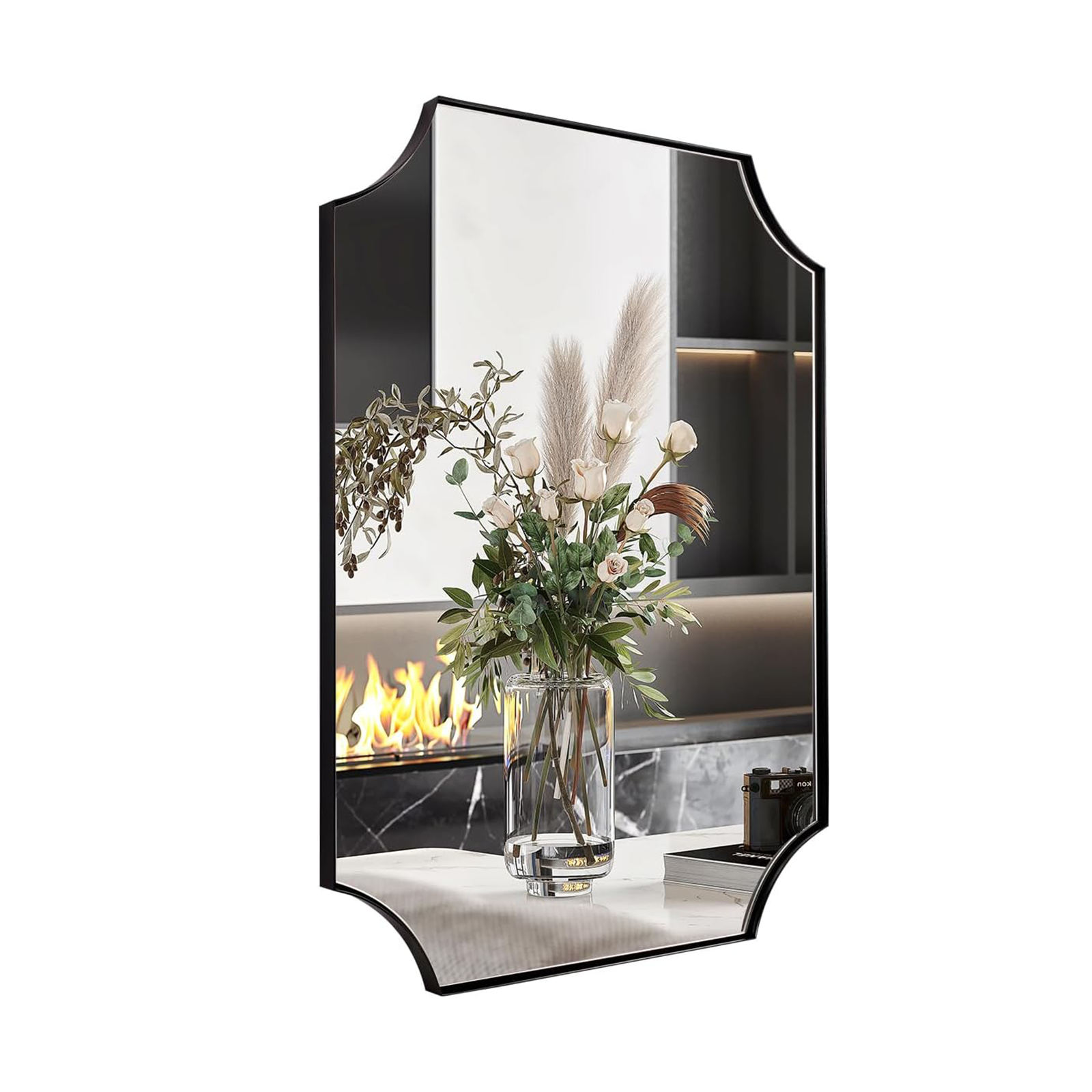 Contemporary Rounded Notched Corner Scalloped Rectangle Bathroom Vanity Mirror | Stainless Steel Frame
