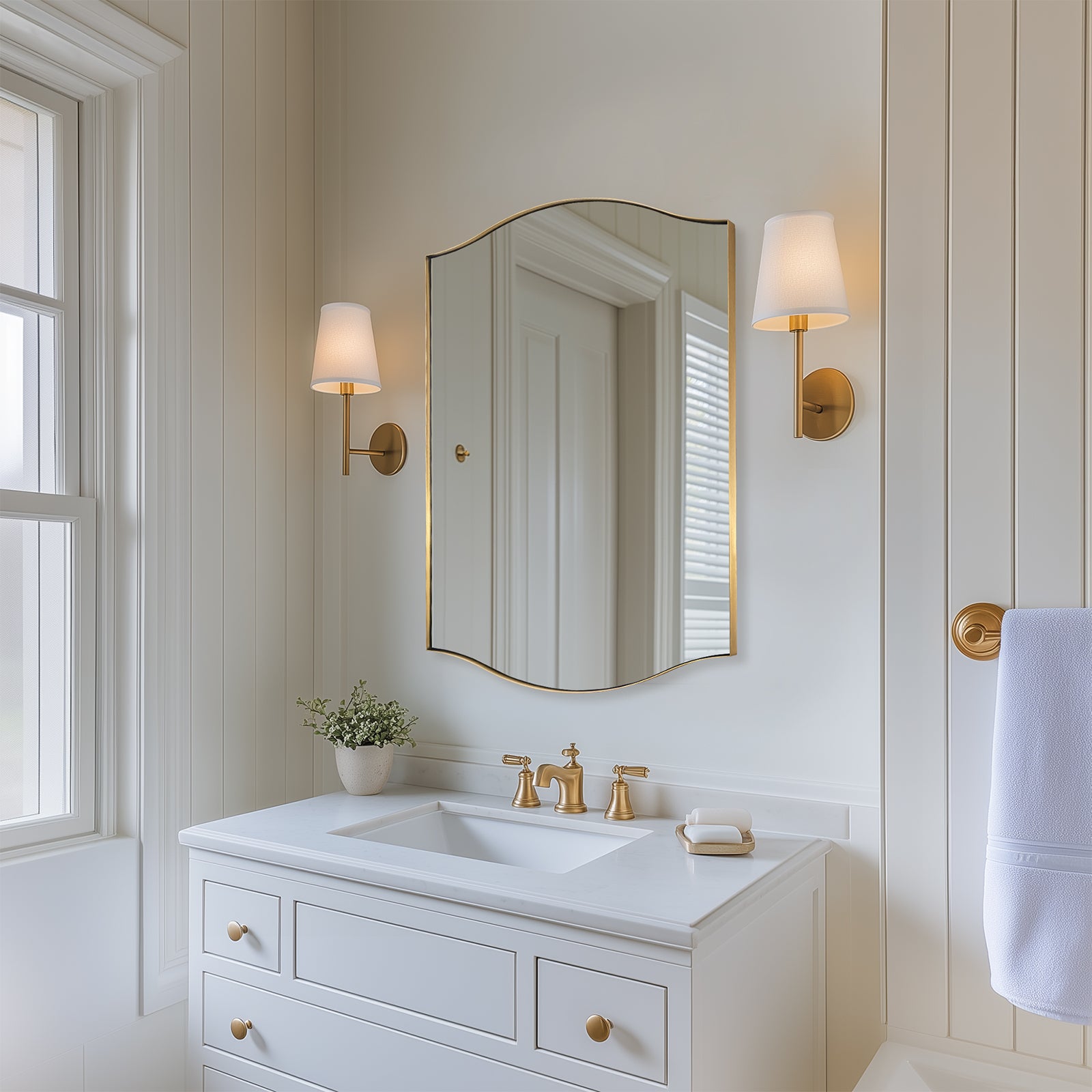 Dual Curve Arch Rectangular Scalloped Bathroom Wall Mirror |Stainless Steel Framed