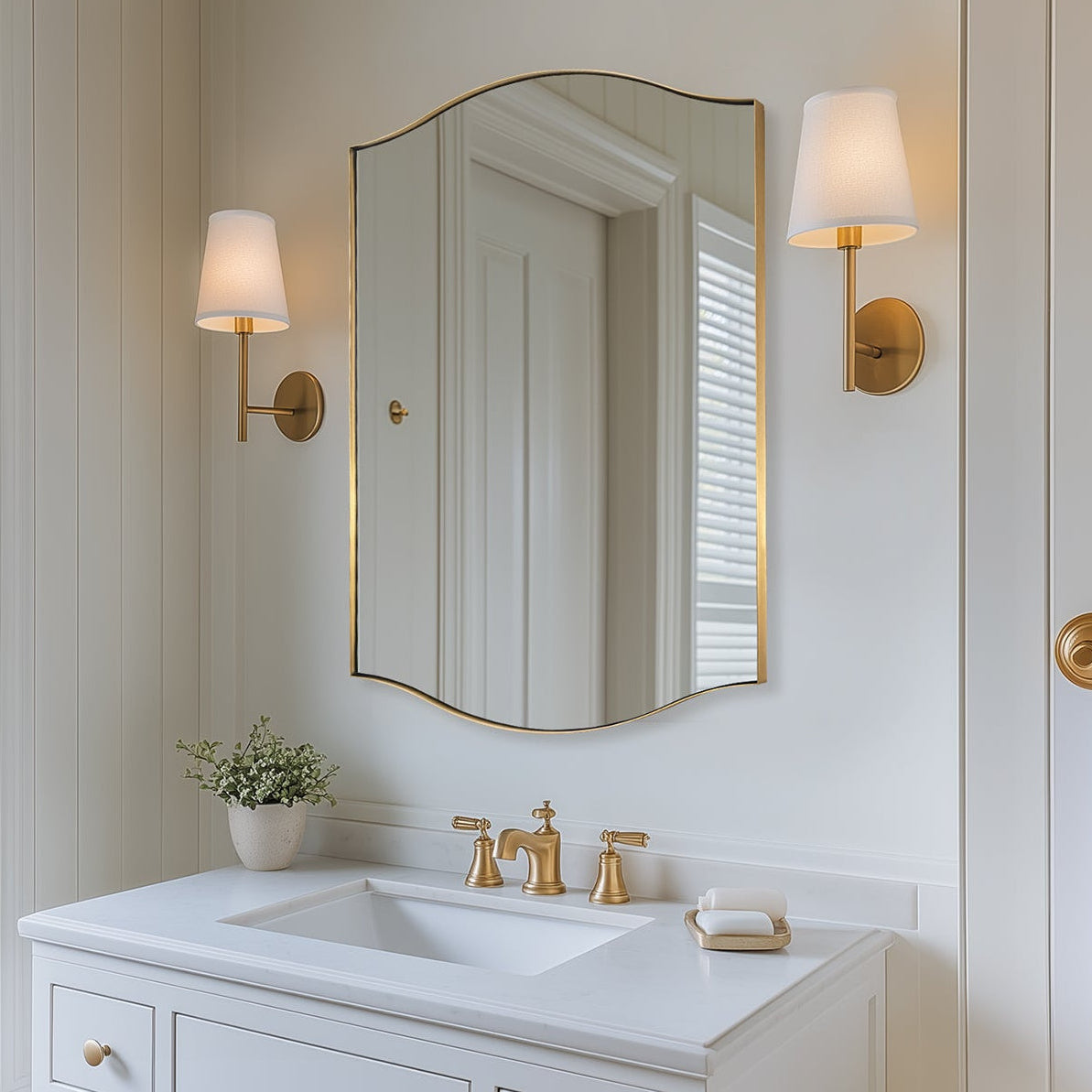 Dual Curve Arch Rectangular Scalloped Bathroom Wall Mirror |Stainless Steel Framed